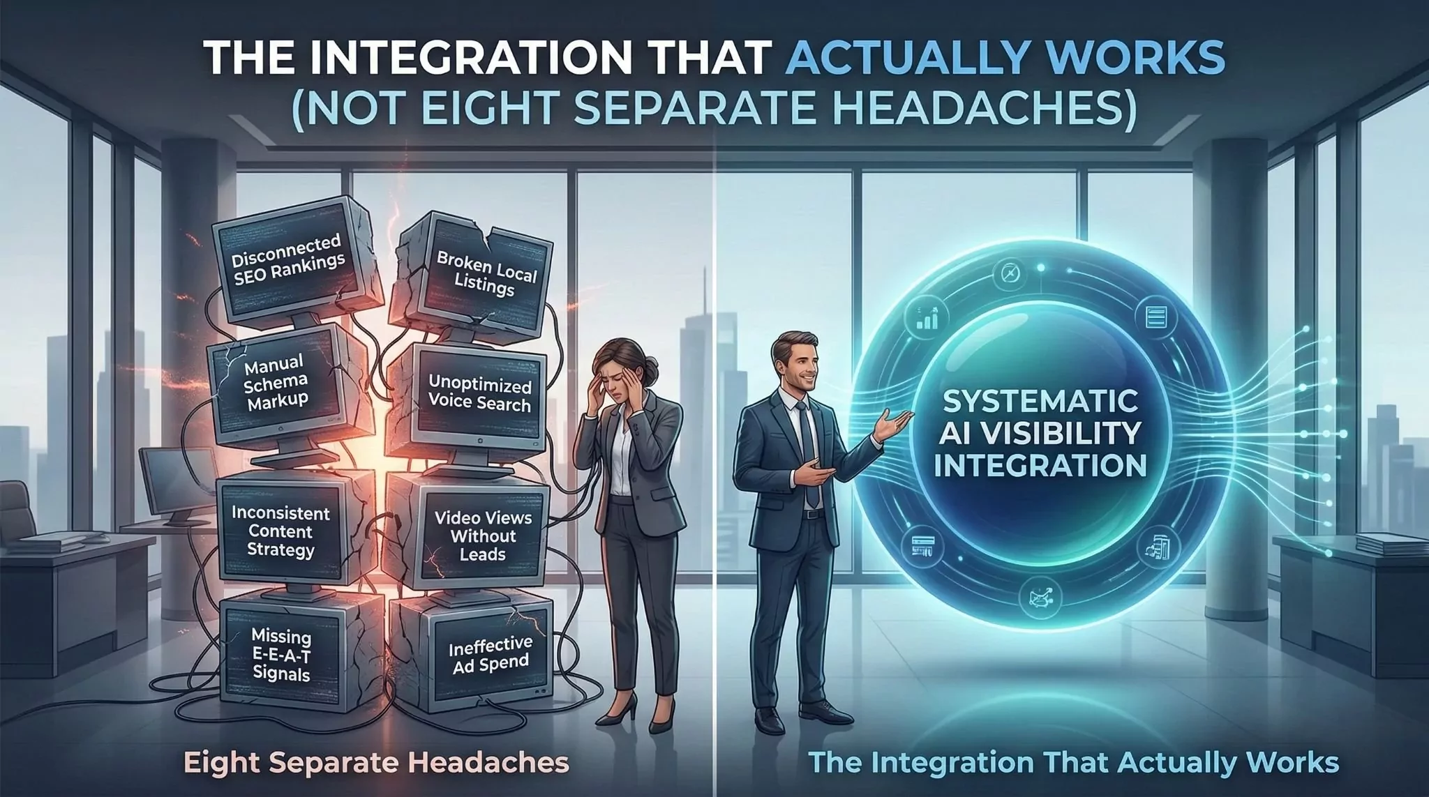 Visual framework showing how schema markup authority content and local optimization each serve multiple AI search types simultaneously creating leverage across channels