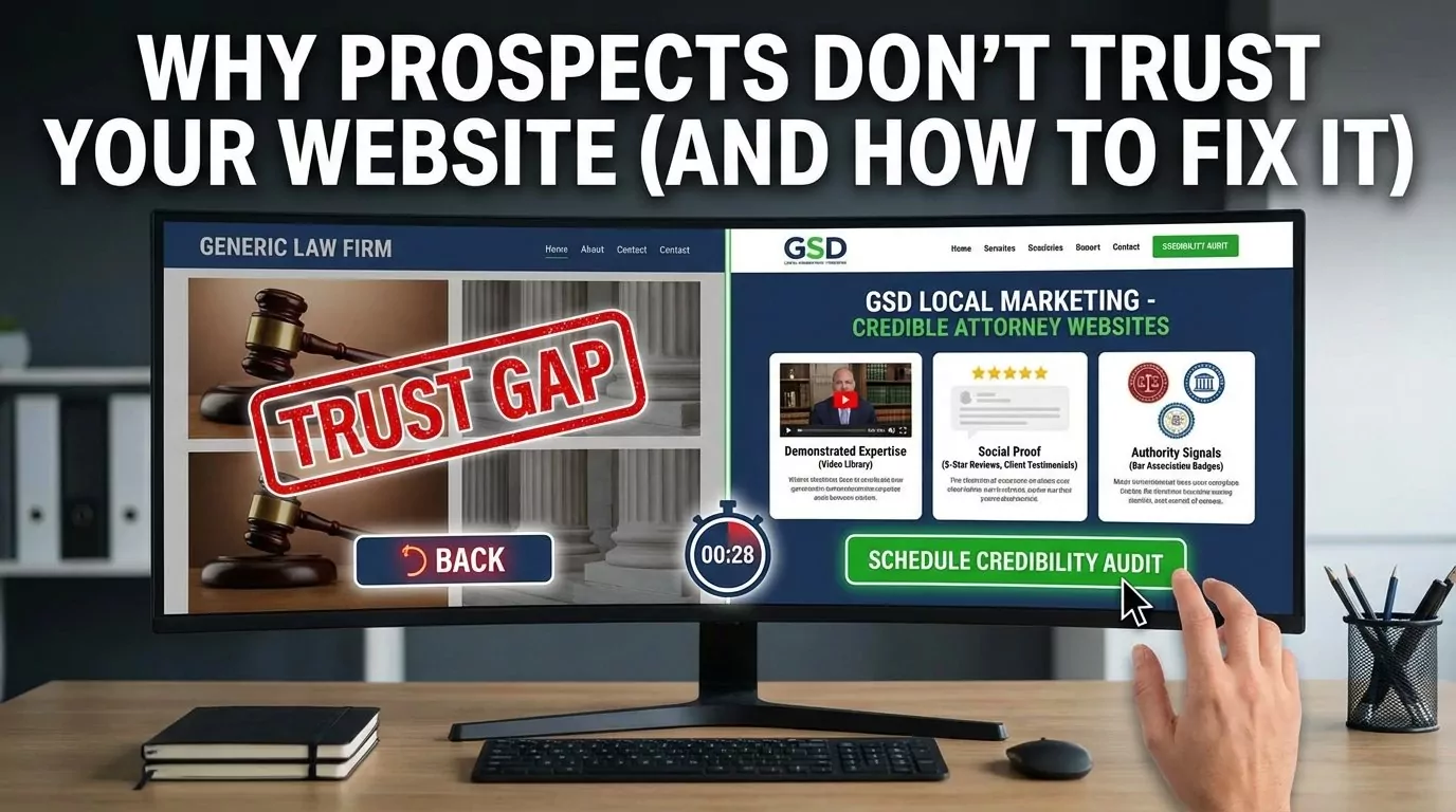 Attorney reviewing website analytics showing high bounce rate due to credibility gaps causing prospects to leave within thirty seconds without calling