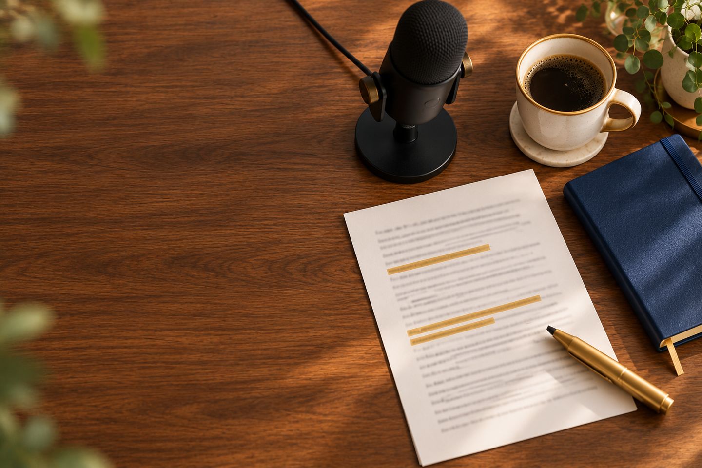 A podcast microphone and a highlighted transcript, the start of repurposing podcast content in your own voice