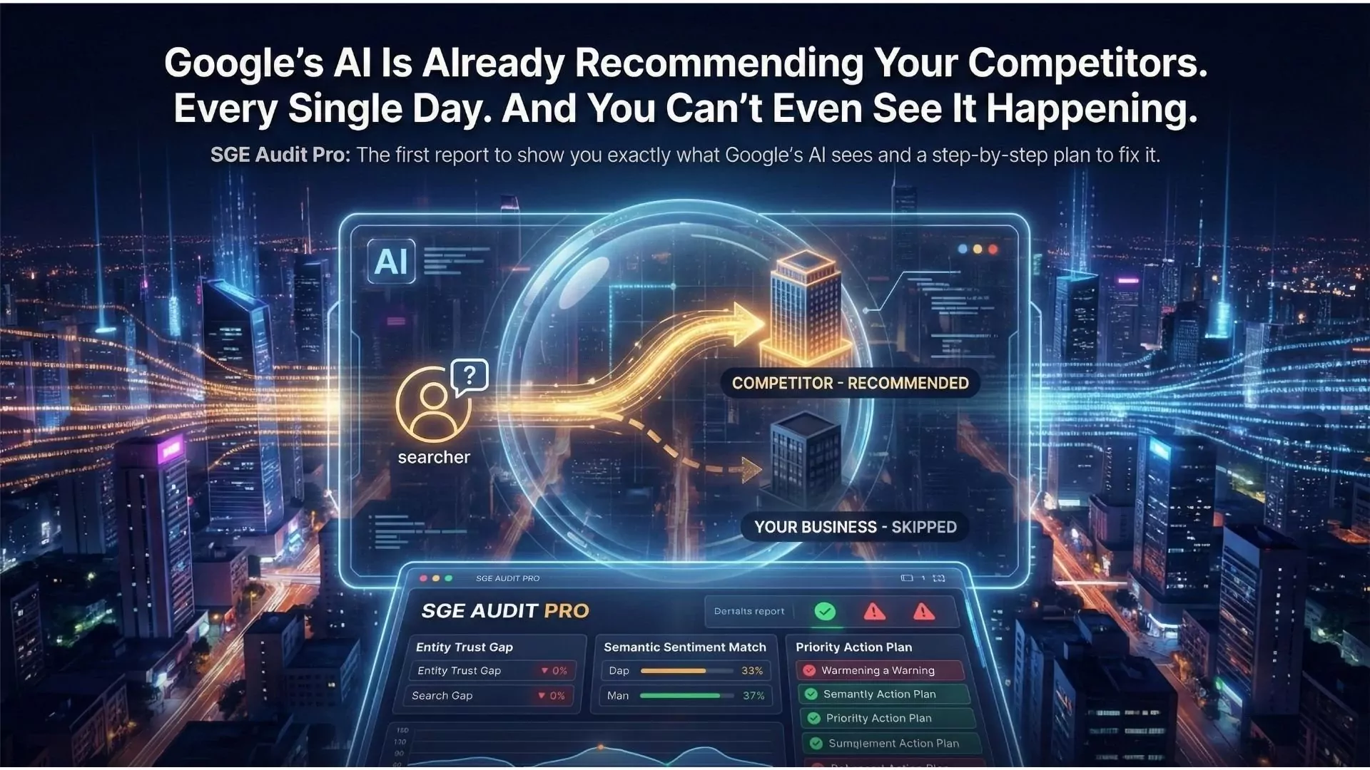 Promotional hero image for SGE Audit Pro featuring a futuristic city skyline at night with a digital overlay. A flowchart shows a