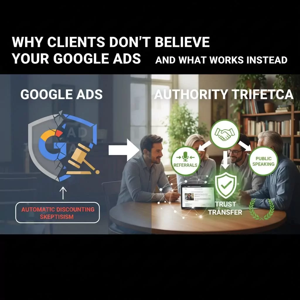 Infographic showing how referrals create trust transfer while Google Ads trigger automatic discounting and skepticism from legal prospects
