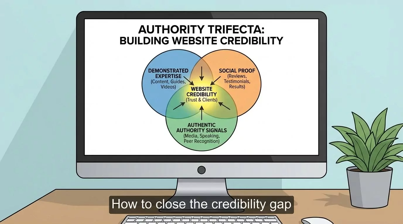Venn diagram illustrating Authority Trifecta framework with demonstrated expertise social proof and authentic authority signals overlapping to build website credibility