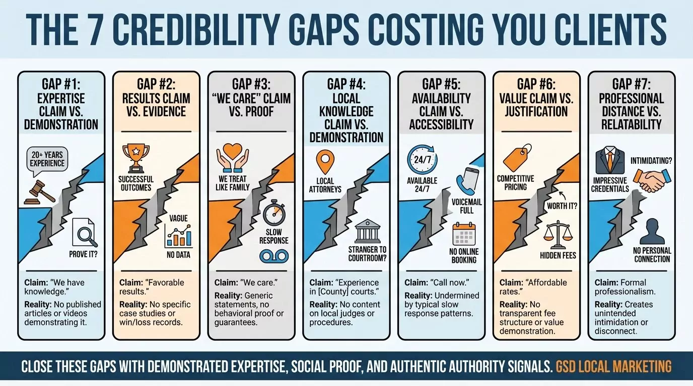 Diagram showing seven credibility gaps on law firm websites including expertise claims without demonstration and results claims without evidence