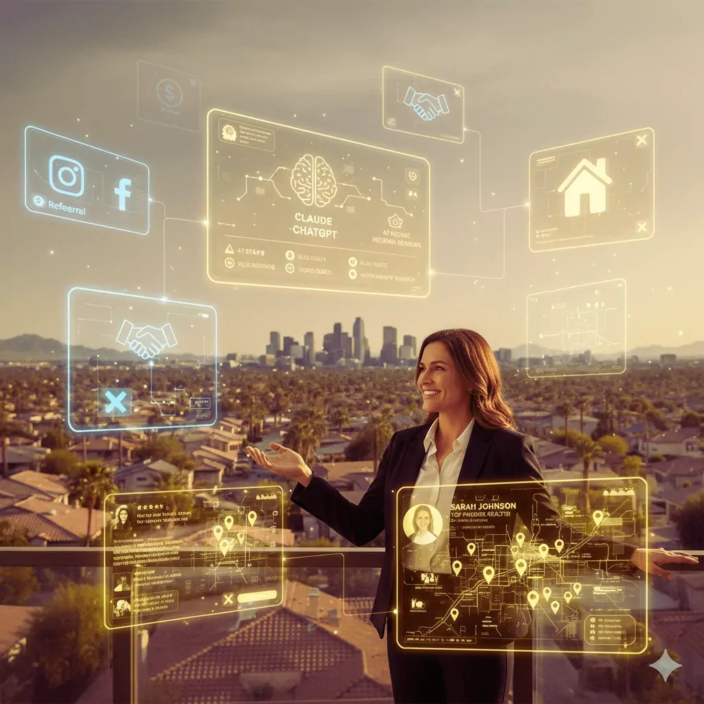 Real estate agent celebrating as smartphone displays ChatGPT recommending them to potential homebuyers