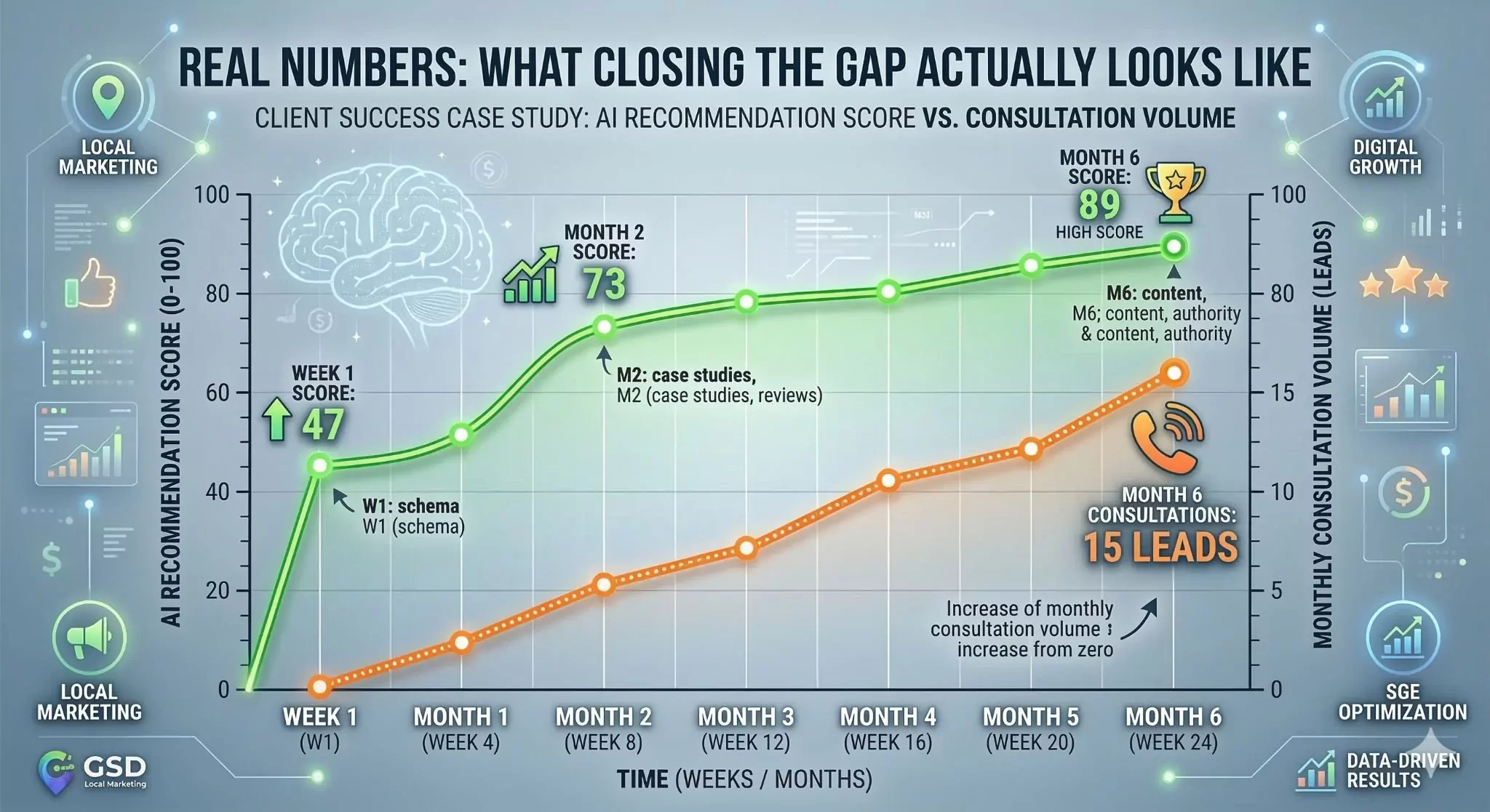 Graph showing AI recommendation score progression week one score forty-seven month two score seventy-three month six score eighty-nine with consultation volume increasing from zero to fifteen monthly