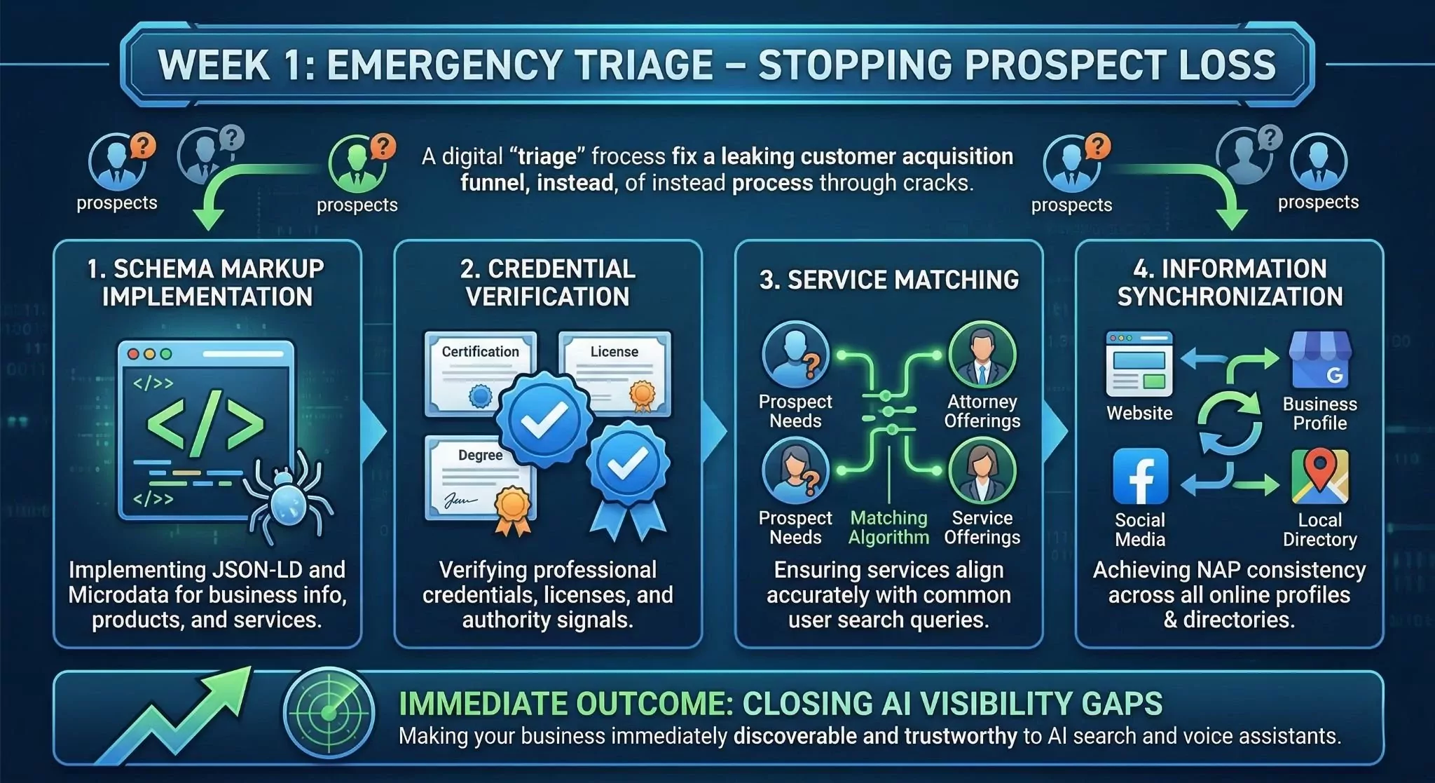 Week 1 emergency triage showing schema markup implementation credential verification service matching information synchronization closing AI visibility gaps immediately