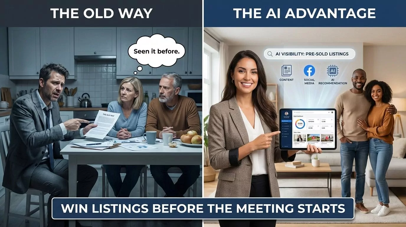 Real estate agent conducting listing presentation with pre-sold seller who already decided to hire them after watching educational video content for weeks