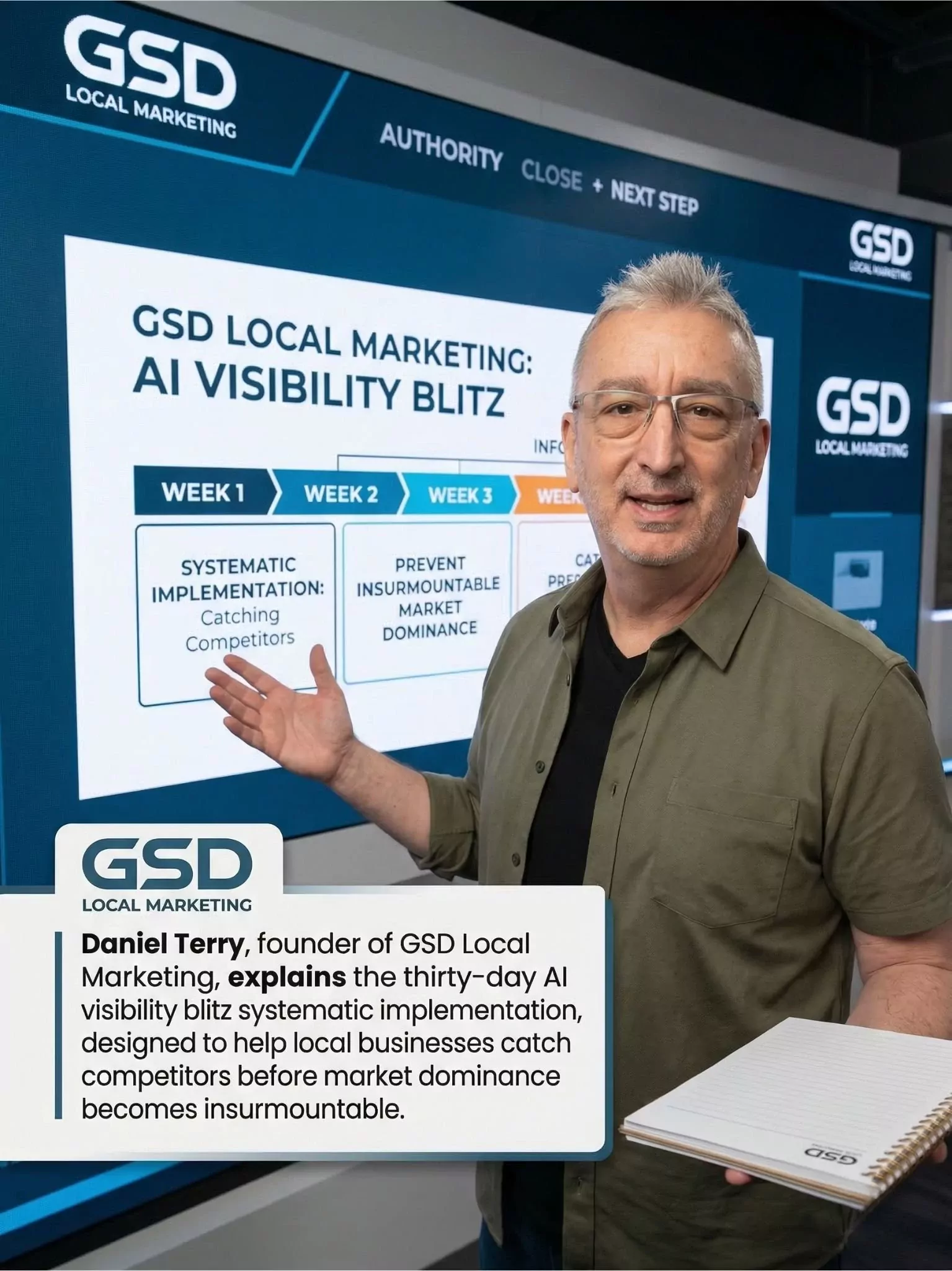 Daniel Terry founder GSD Local Marketing explaining thirty-day AI visibility blitz systematic implementation catching competitors before market dominance becomes insurmountable