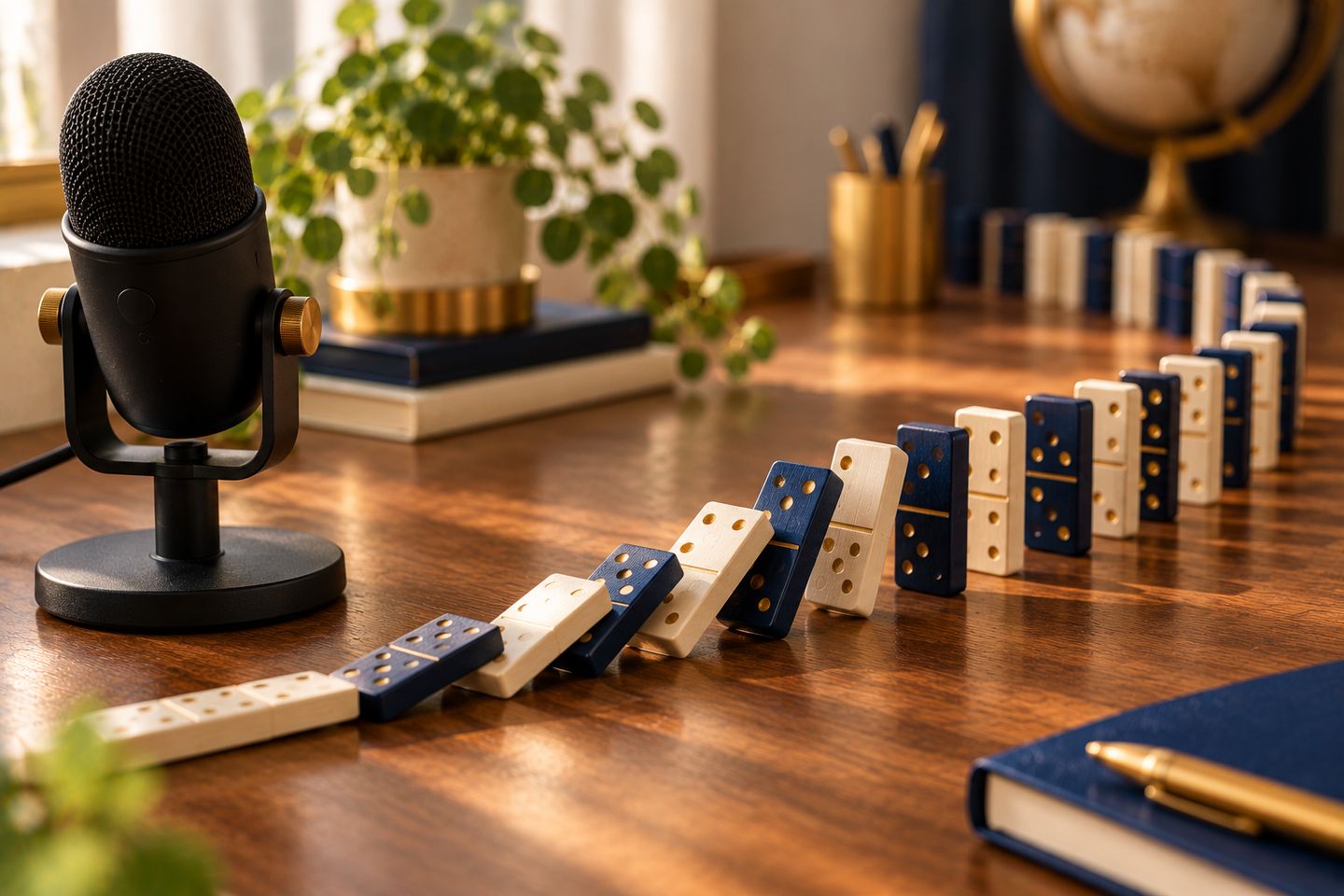 A line of falling dominoes starting at a podcast microphone, the systems you build once AI can write in your voice