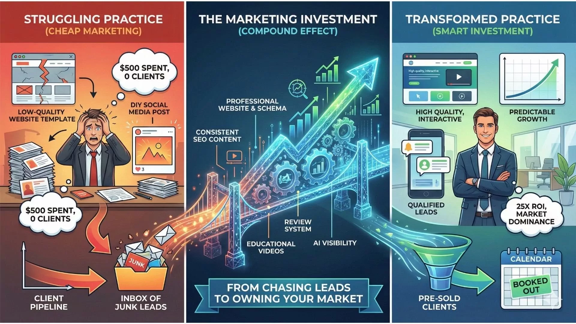 Three-tier law firm marketing investment pyramid showing Tier 1 foundation $5,000-$10,000, Tier 2 growth $15,000-$25,000, and Tier 3 dominance $30,000-$50,000 with expected client acquisition results for each level