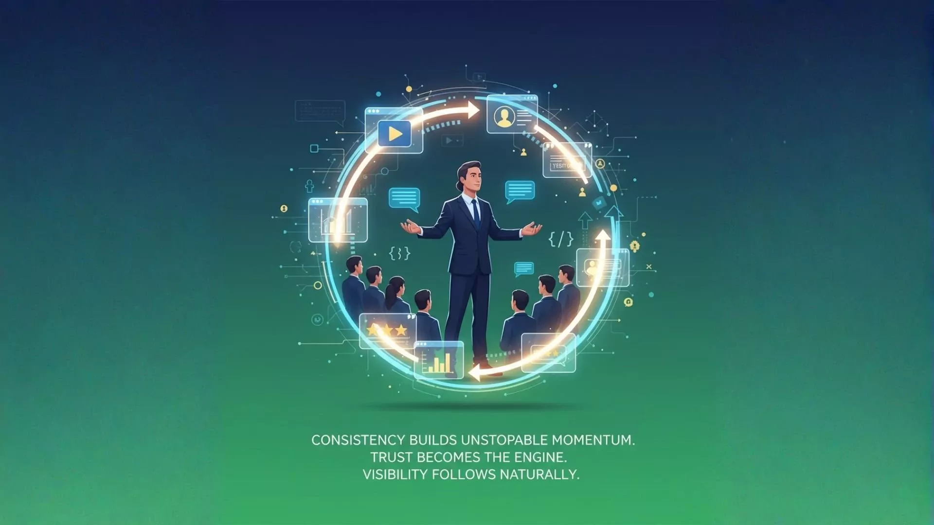 Digital illustration of a professional standing inside a glowing authority flywheel made of trust and AI symbols, showing compounding visibility.