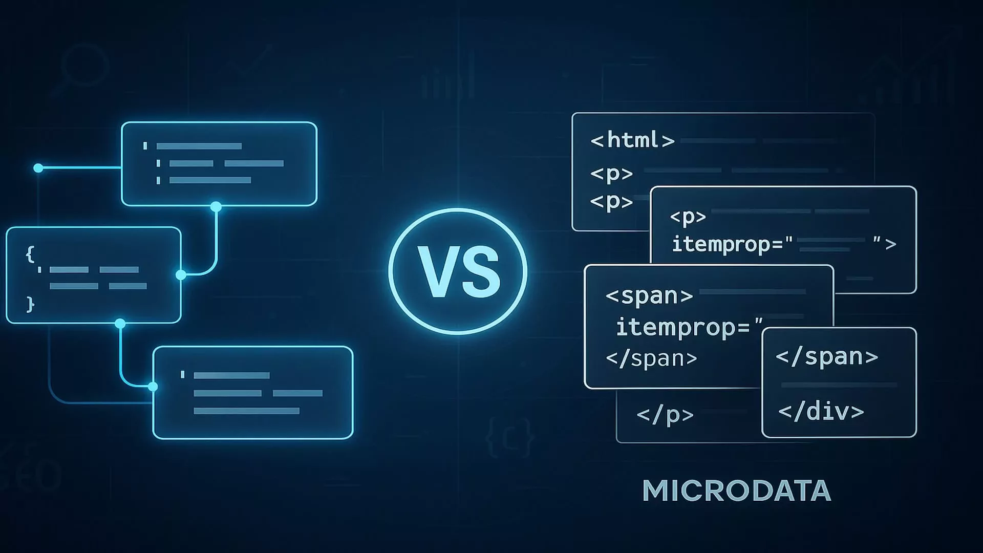 Side-by-side comparison of JSON-LD and Microdata schema markup formats showing code examples for local business implementation