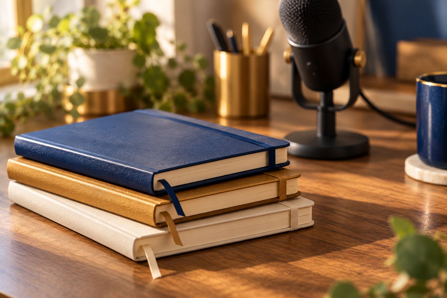 Three notebooks in navy, gold and cream, one for each voice an owner uses when making AI write in their voice