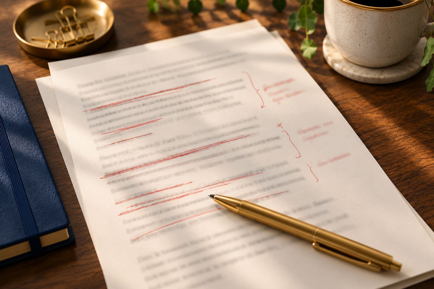 A printed email draft with phrases crossed out, editing AI writing that doesn't sound like the owner