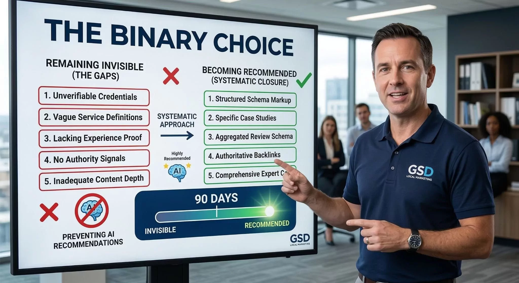 Daniel Terry founder GSD Local Marketing explaining five verification gaps preventing AI recommendations and systematic closure approach transforming invisible to recommended within ninety days