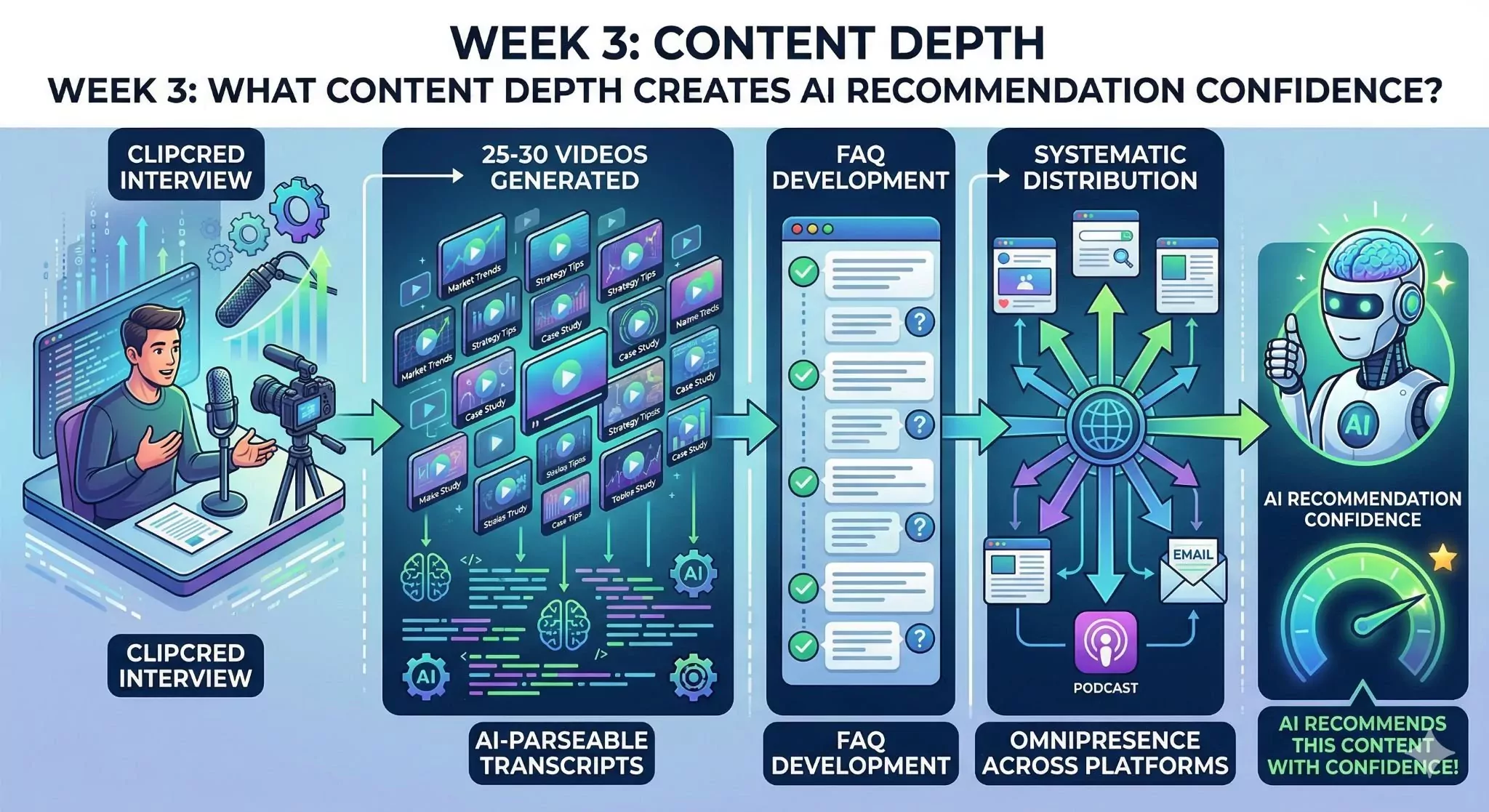Week 3 content depth showing ClipCred interview generating twenty-five to thirty videos with AI-parseable transcripts FAQ development systematic distribution creating omnipresence