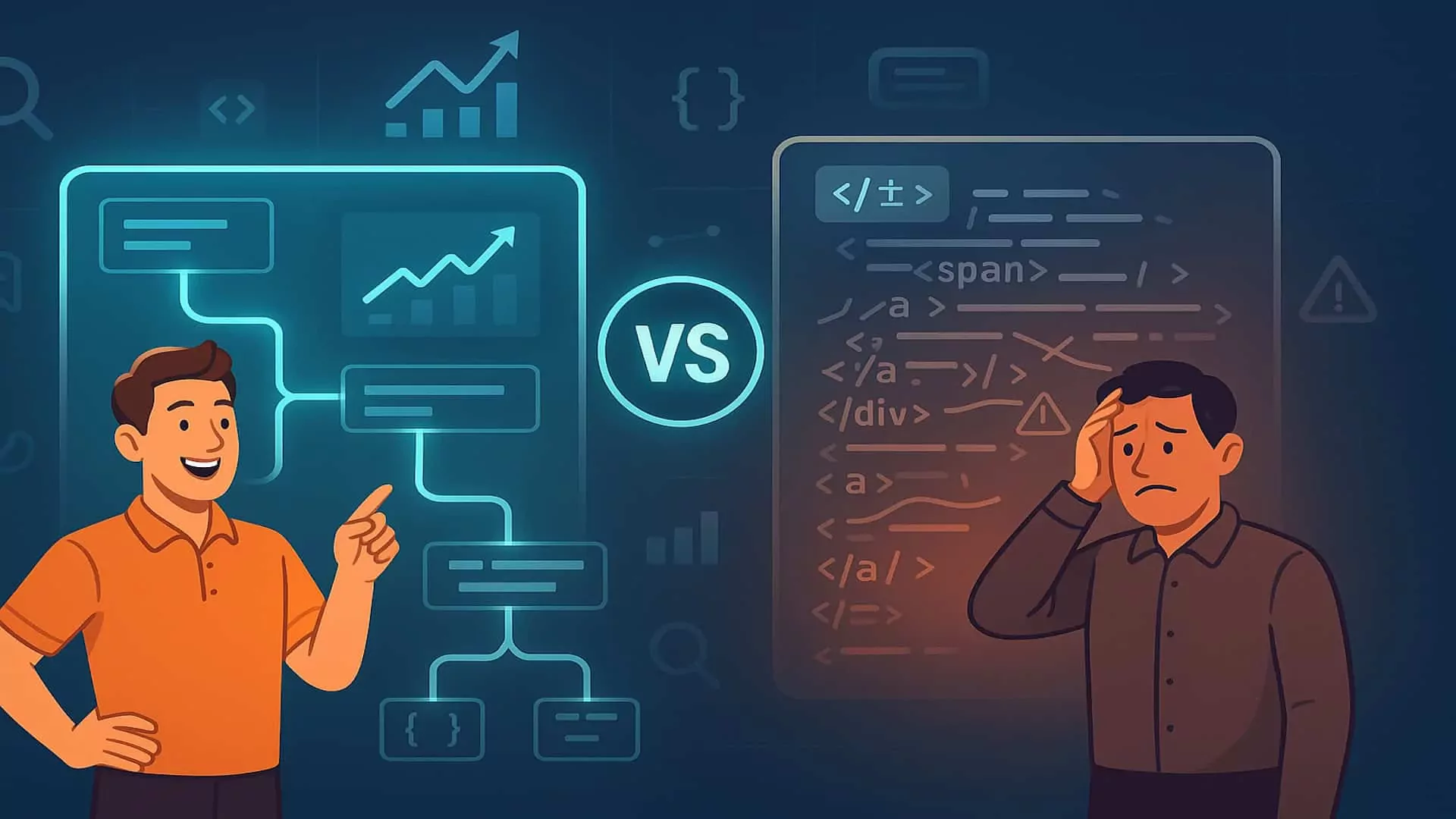 Illustration comparing JSON-LD and Microdata for local SEO, showing a happy business owner pointing at organized JSON-LD code with growth charts versus a frustrated owner overwhelmed by cluttered Microdata markup.