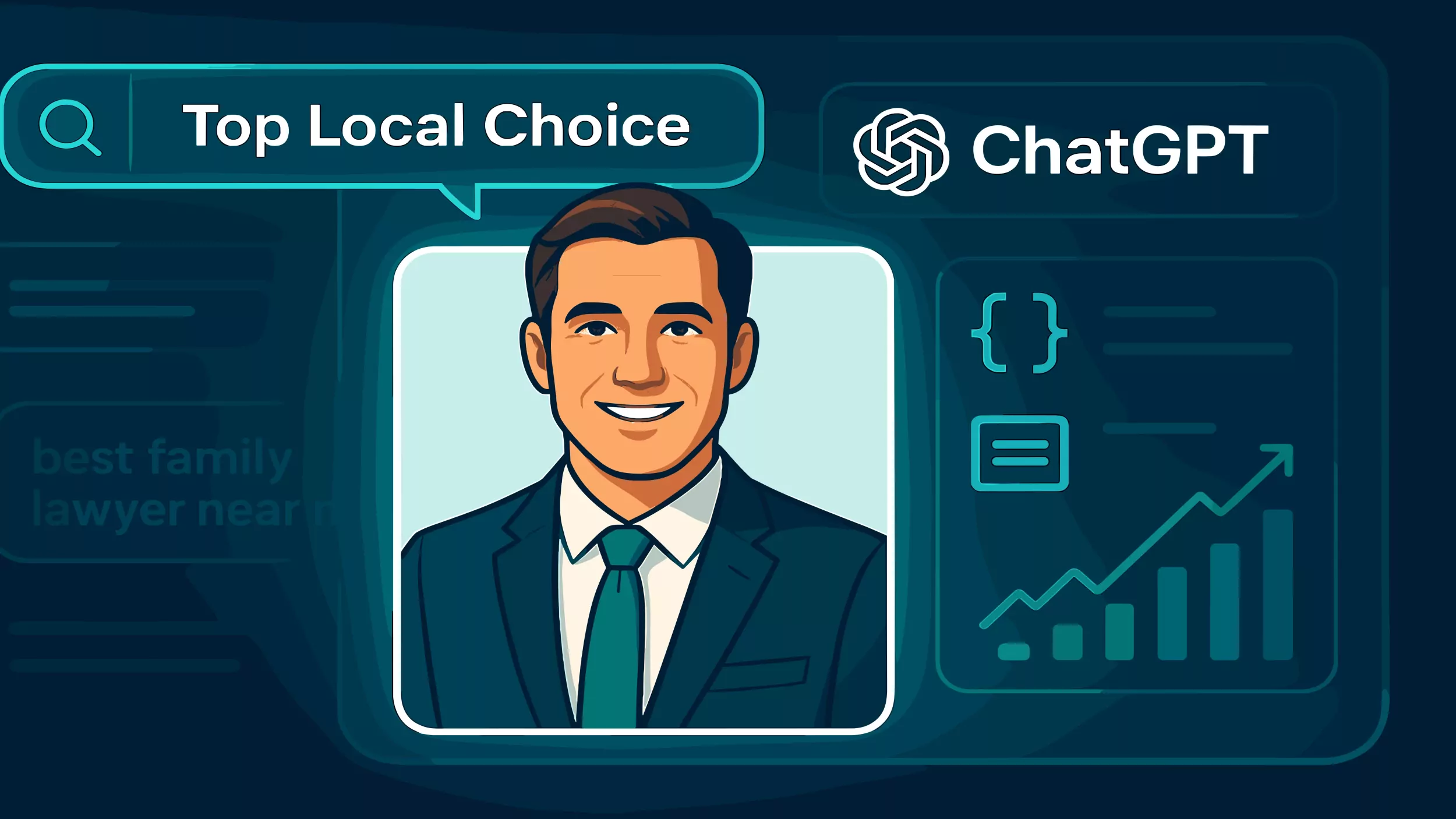 Business professional highlighted as top recommendation in ChatGPT local SEO results with glowing AI interface