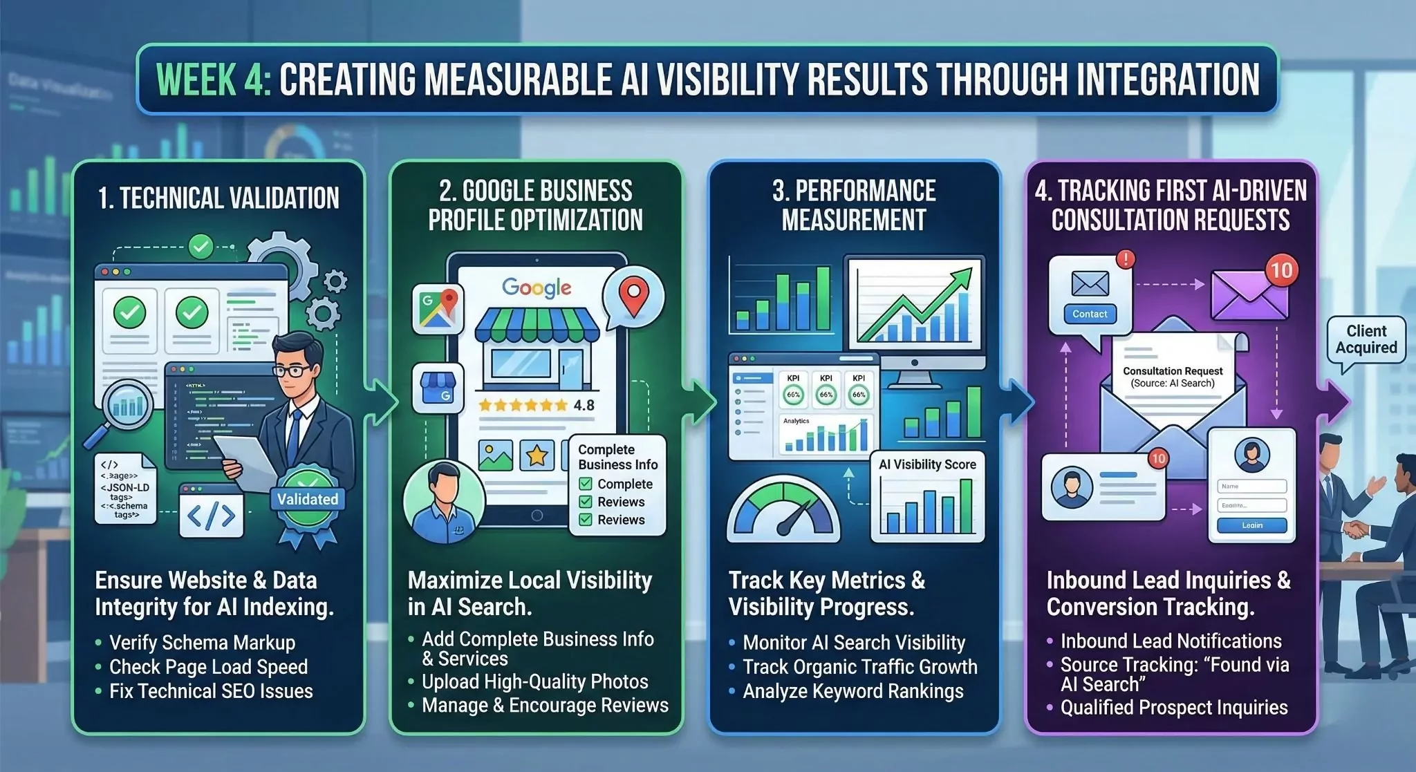 Week 4 integration showing technical validation Google Business Profile optimization performance measurement tracking first AI-driven consultation requests appearing