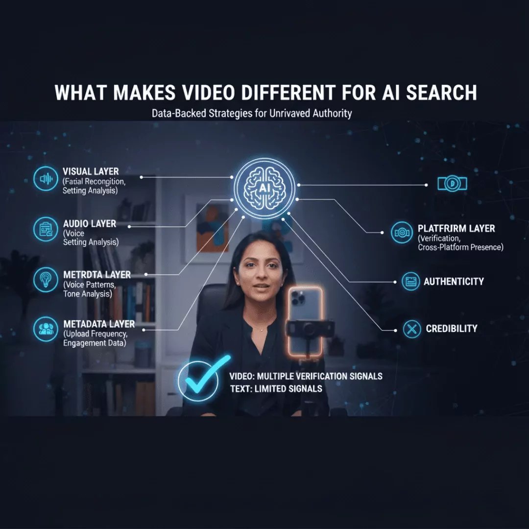 Bar chart comparing AI recommendation rates showing professionals with 20+ videos get 11.3X more ChatGPT visibility than text-only content creators