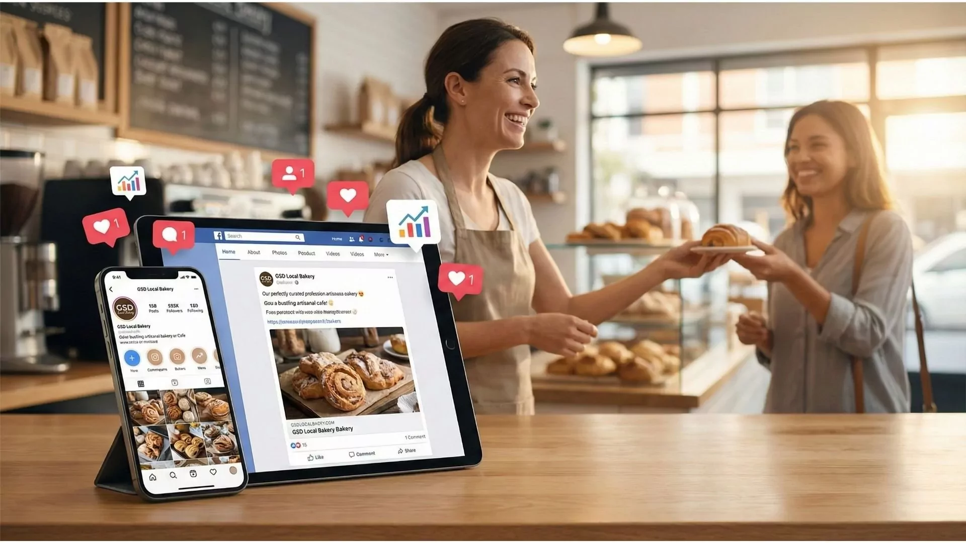 Local business owner smiling with phone showing active professional social media accounts while working in office demonstrating time savings from done-for-you management service