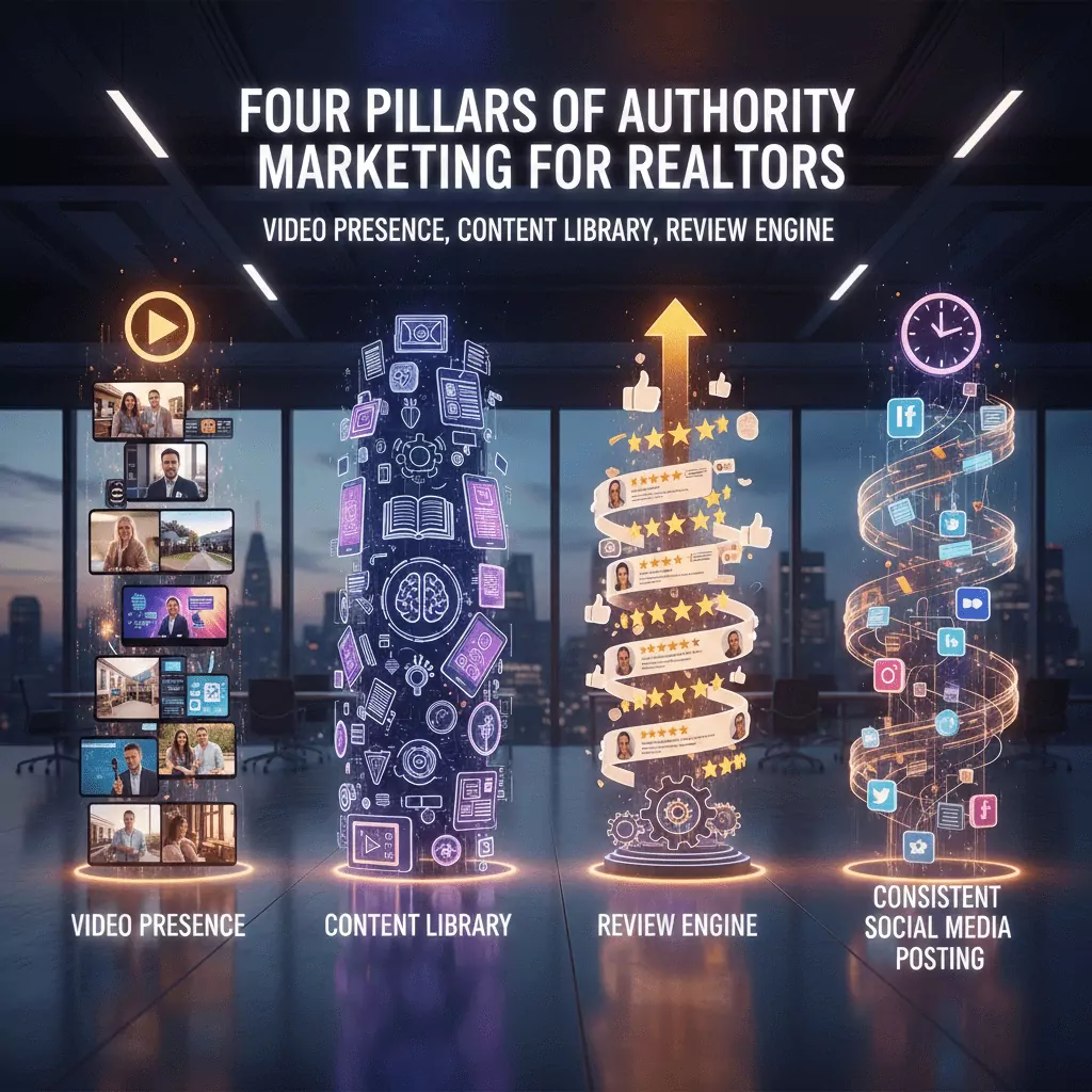 Four pillars of authority marketing for realtors: video presence, content library, review engine, consistent social media posting