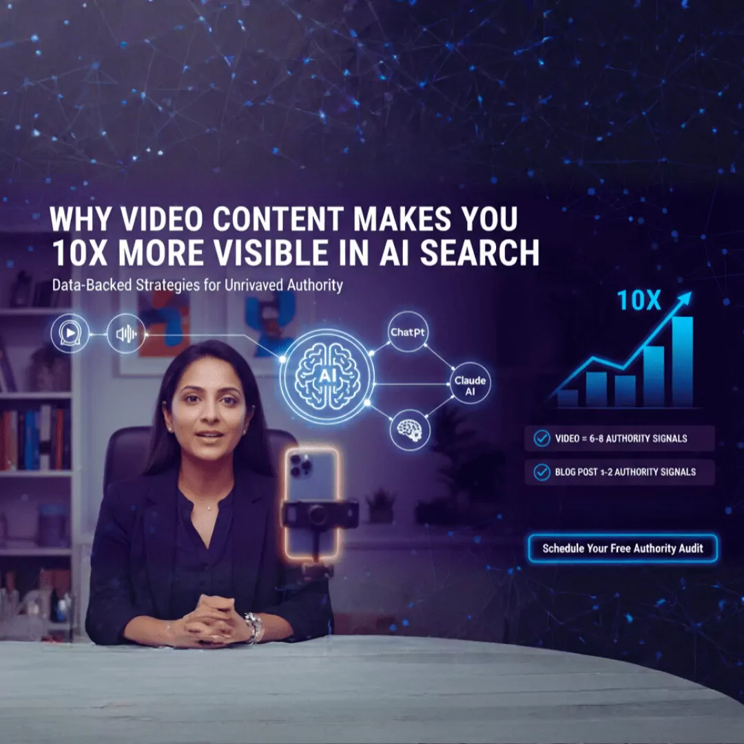 Professional filming short-form educational video on smartphone showing how video content increases AI search visibility and ChatGPT recommendations for business professionals