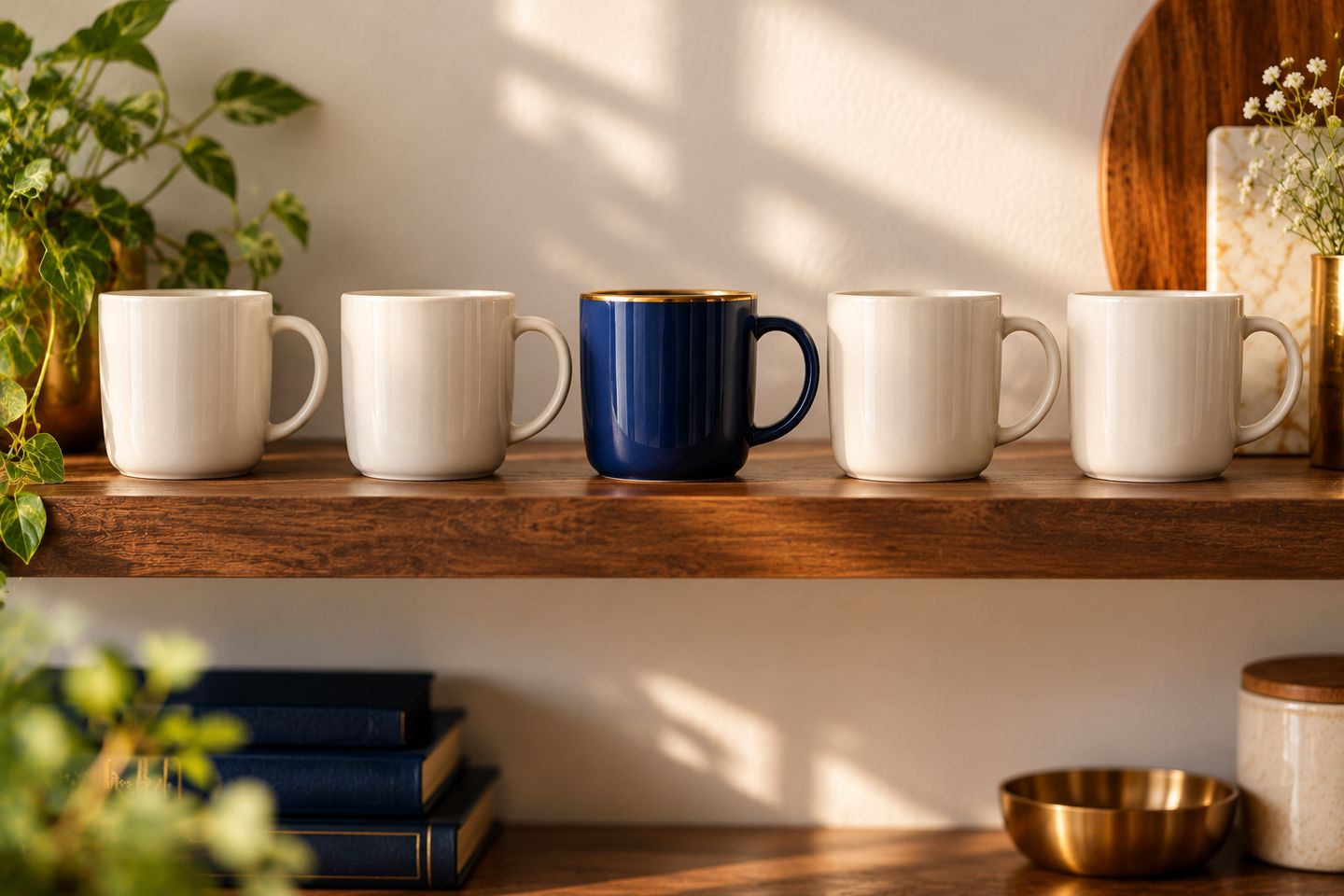 A row of identical white mugs with one navy mug, like AI writing that sounds the same until you give it your voice
