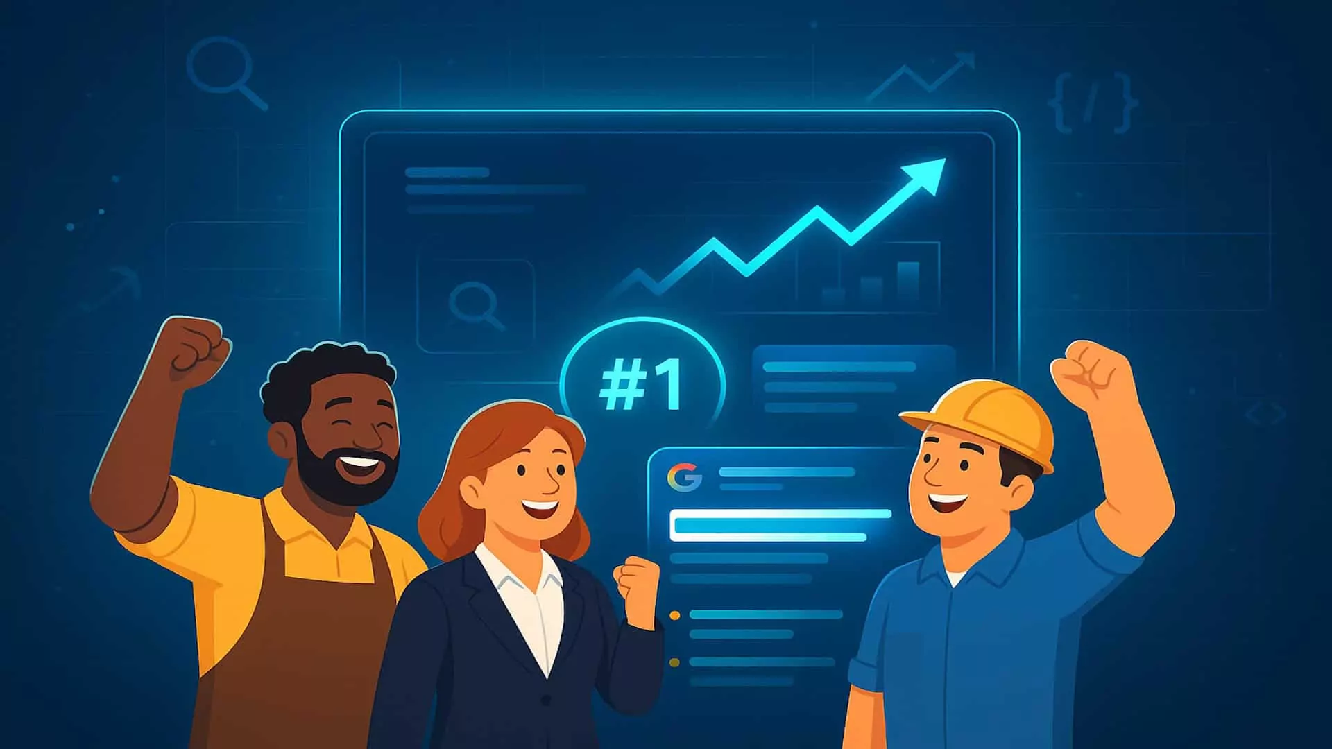 Happy small business owners celebrating top Google ranking with JSON-LD structured data dashboard showing #1 position, upward trend graph, and SEO icons in a modern digital illustration.
