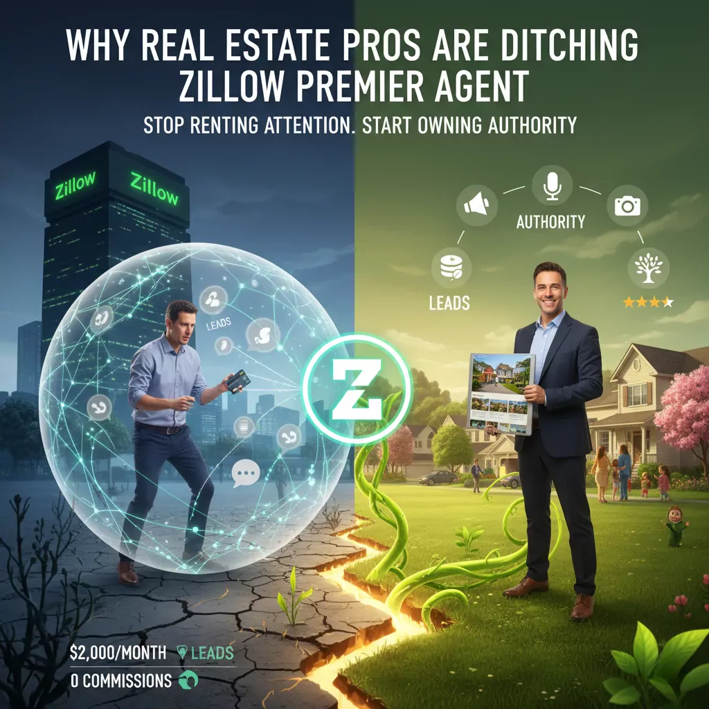 Timeline showing real estate agent transition from Zillow dependence to organic lead generation over 12 months