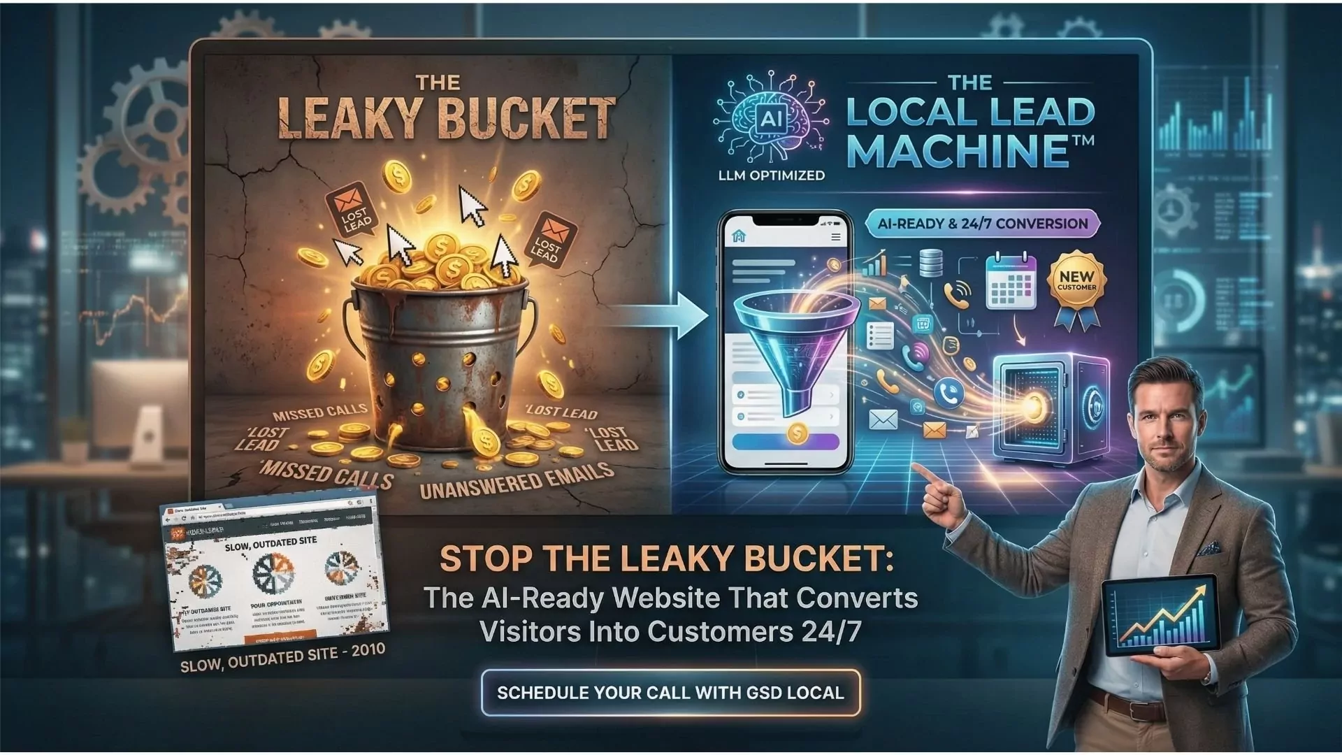 Local business owner celebrating increased website conversions and lead generation from AI-optimized Local Lead Machine Site design showing analytics dashboard with improved metrics