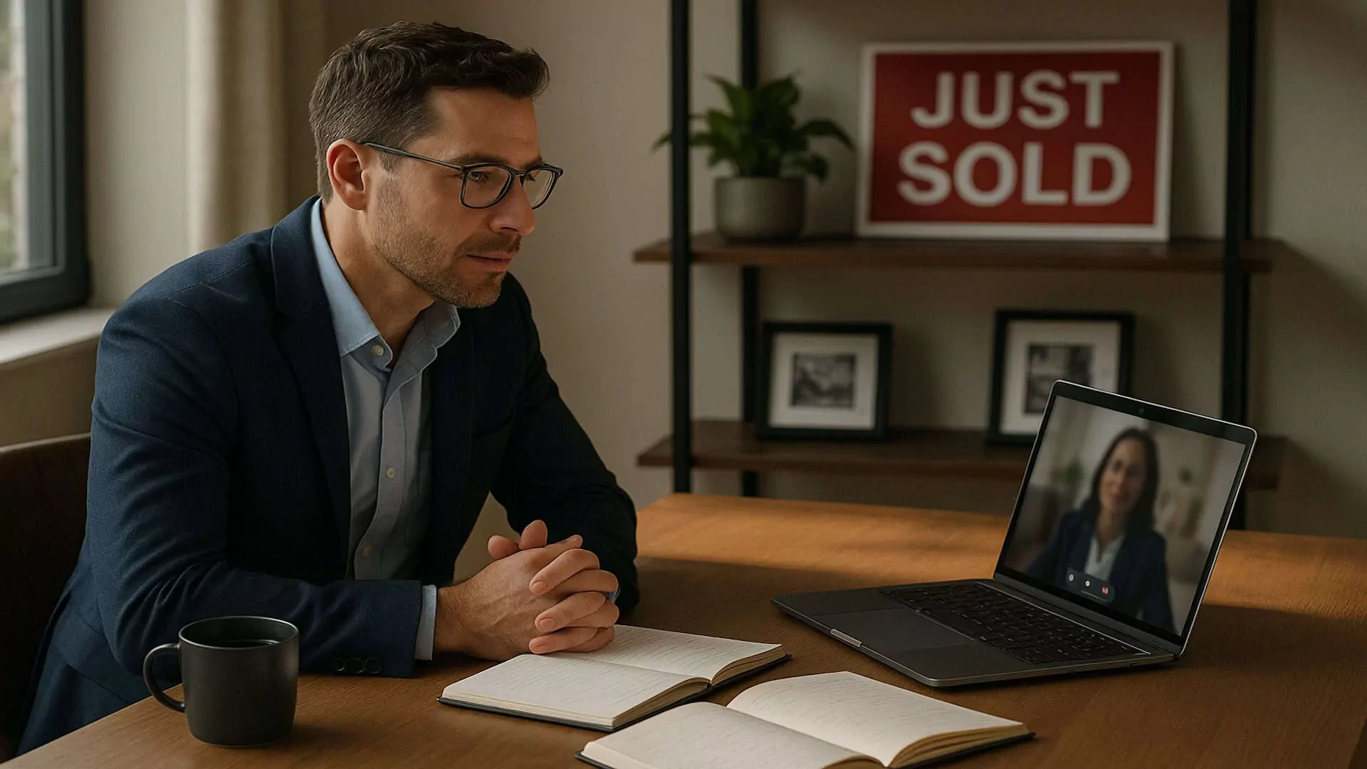 Real estate agent on a Zoom call with a virtual business coach, planning sales goals in a home office
