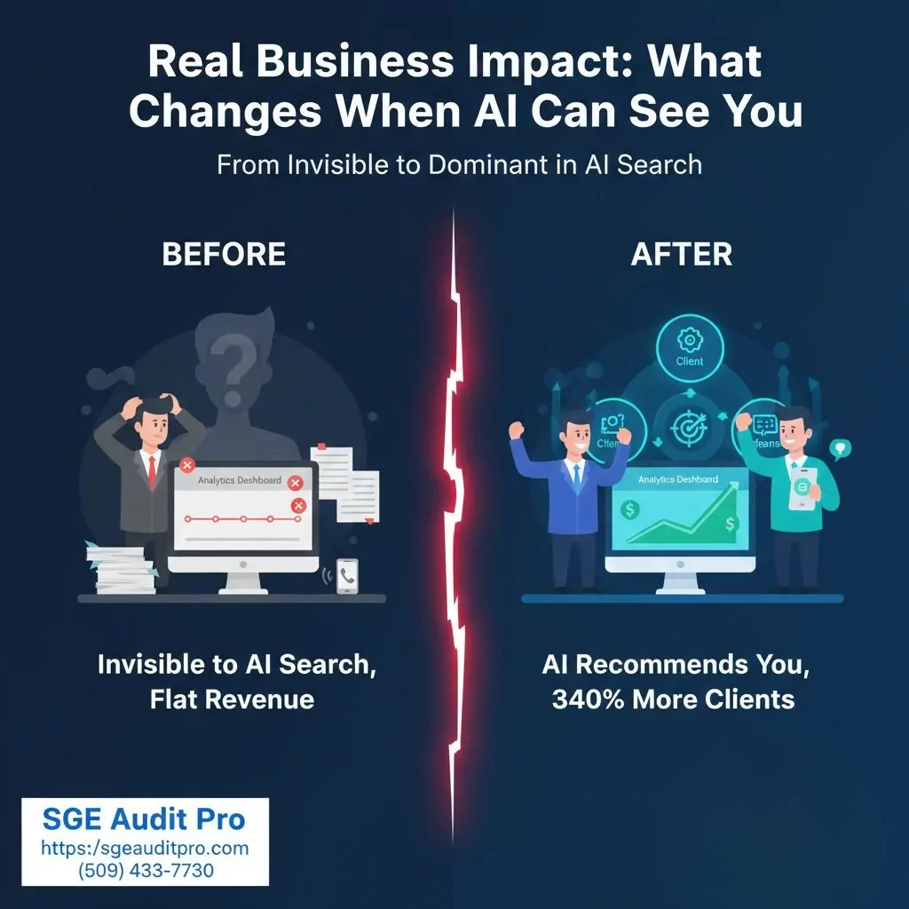 Split screen showing traditional Google search results with ten blue links versus Search Generative Experience AI answer recommending specific businesses with detailed reasoning