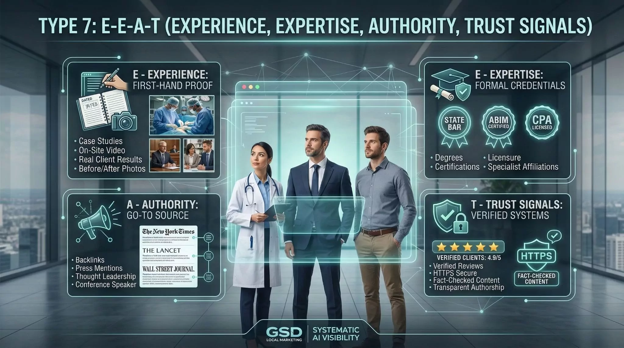 Visual framework showing how schema markup authority content and local optimization each serve multiple AI search types simultaneously creating leverage across channels