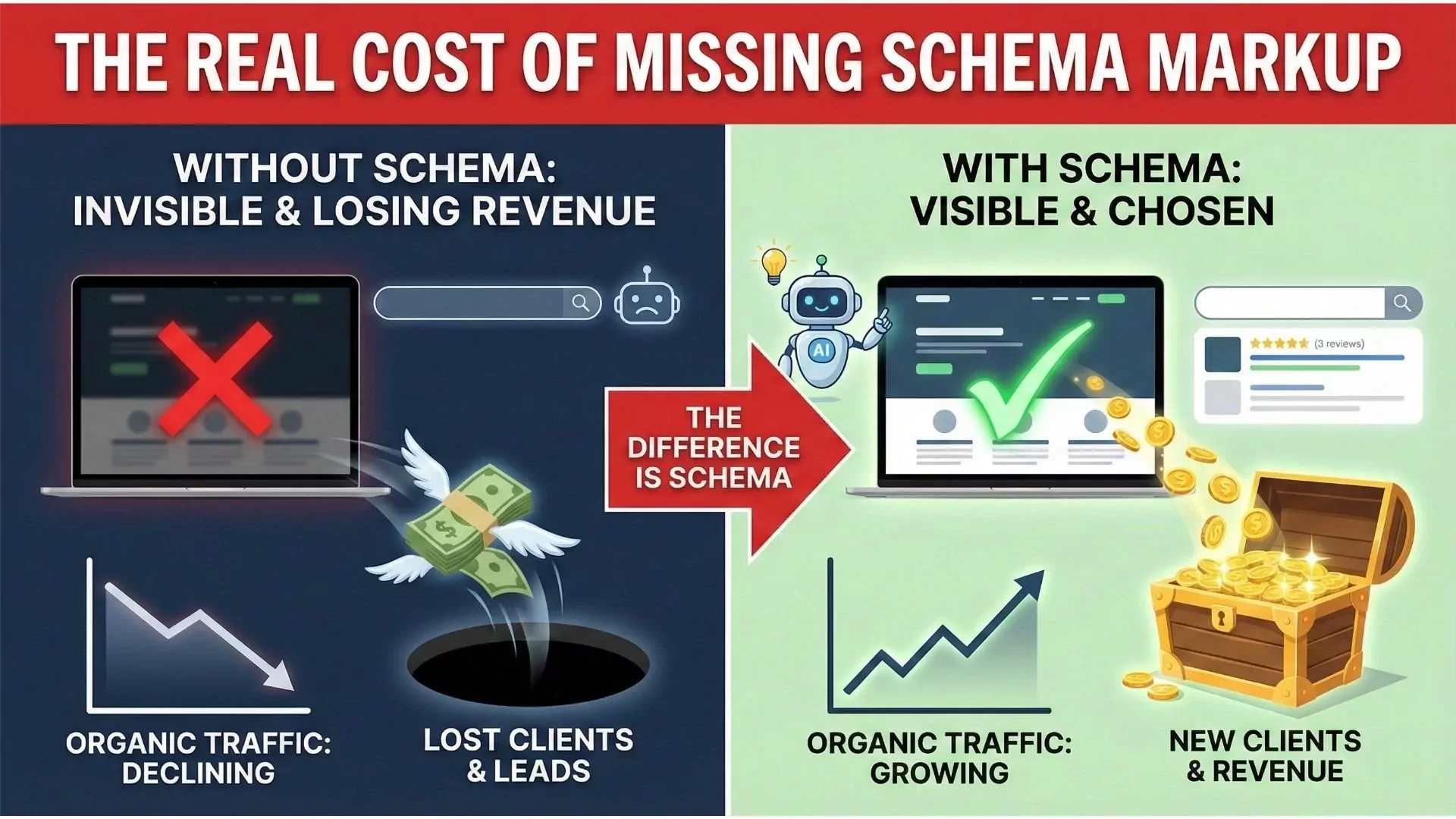 Google search results comparison showing plain blue link without schema markup versus rich result with star ratings business hours and professional credentials using structured data implementation