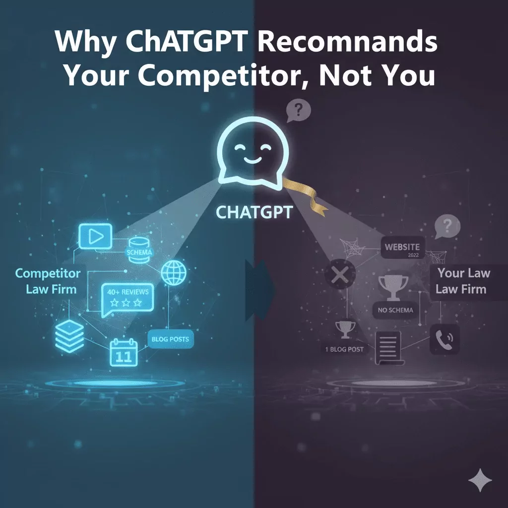 Diagram showing 6 trust signals AI systems use to recommend lawyers: presence, schema, reviews, content, validation, video