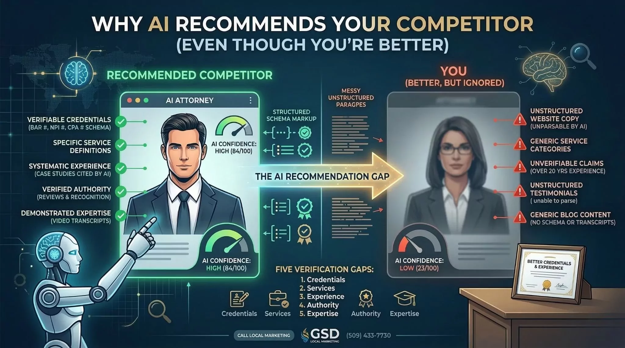 Side by side comparison showing AI recommendation scores competitor eighty-four versus you twenty-three with verification confidence gap explanation highlighting structured authority signals