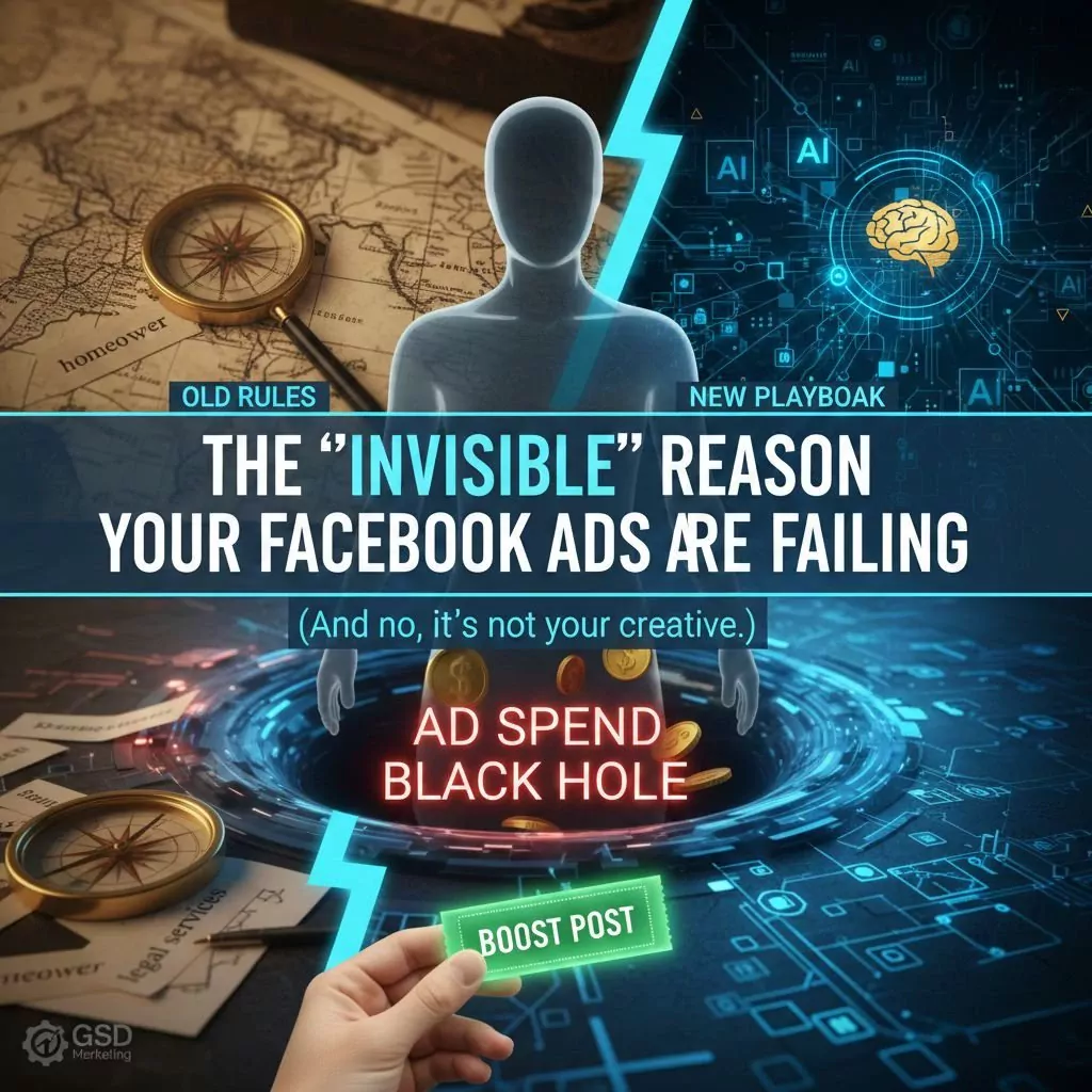 Local business owner frustrated reviewing failed Facebook ad campaign dashboard showing wasted ad spend poor ROI and low quality leads from manual interest targeting instead of AI predictive system