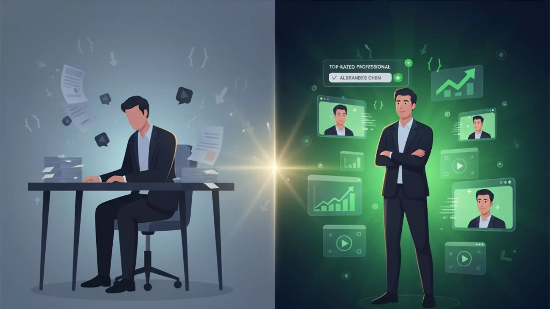 Before-and-after concept of a local professional gaining visibility through AI recommendations, short-form video, and authority marketing.