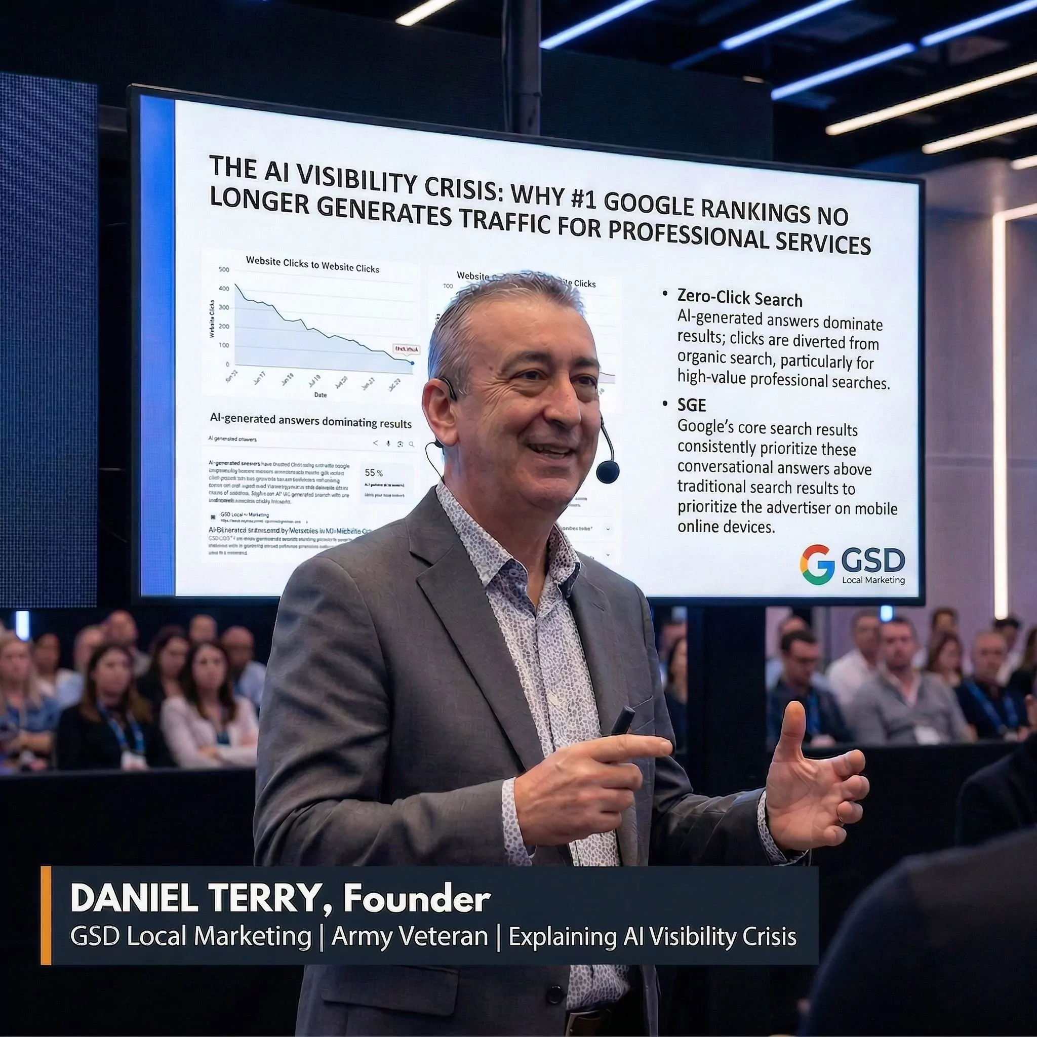 Daniel Terry founder GSD Local Marketing Army veteran explaining AI visibility crisis and why number one Google rankings no longer generate traffic for professional services