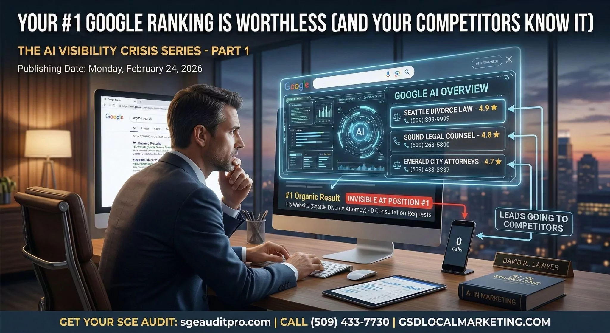 Business owner frustrated looking at analytics showing number one Google ranking but zero website traffic because AI Overviews answered questions without sending prospects to site