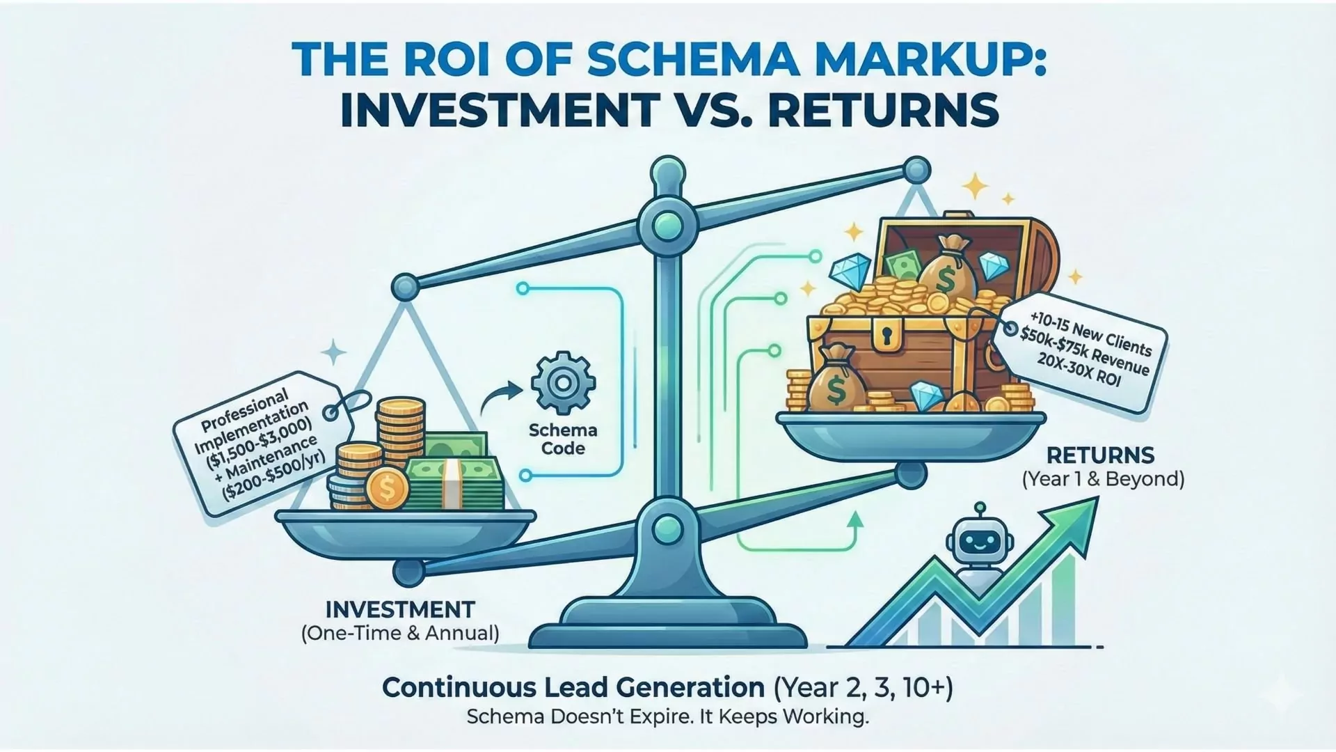 12-month timeline infographic showing schema markup ROI progression from $2,500 investment to 10-15 new clients generating $50,000-$75,000 revenue with 20X-30X return calculation for professional services