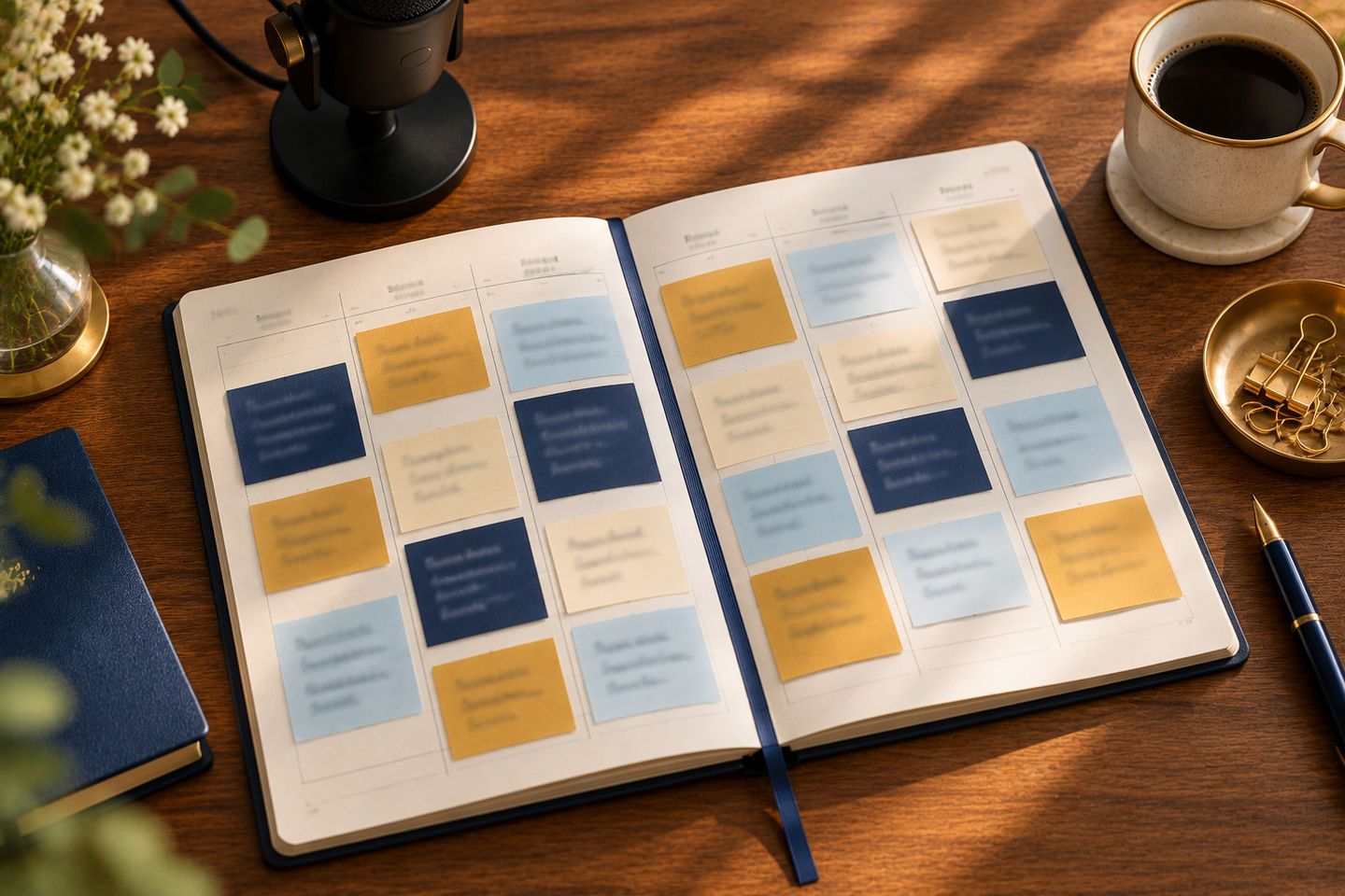 A week of repurposed podcast content laid out on a planner, all from one episode