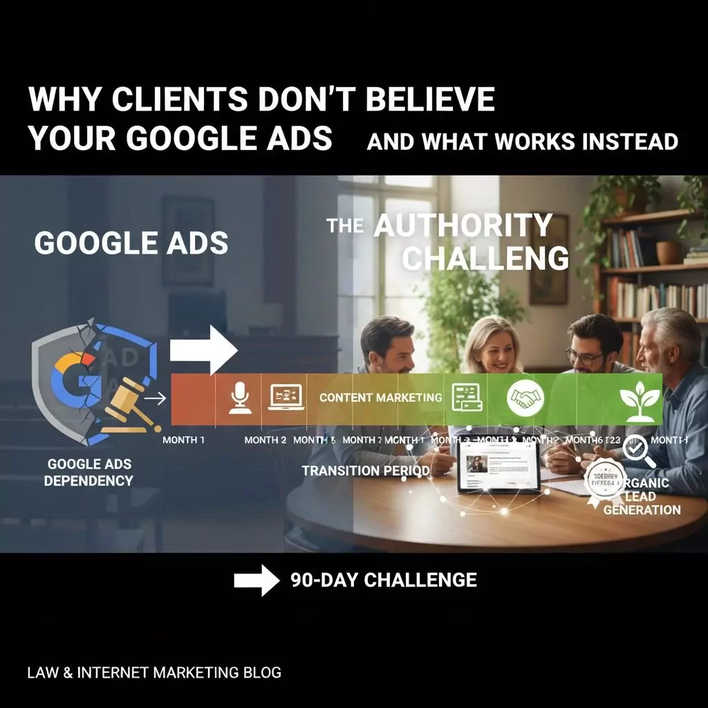 12-month timeline showing attorney transitioning from Google Ads dependency to organic lead generation through content marketing and authority building