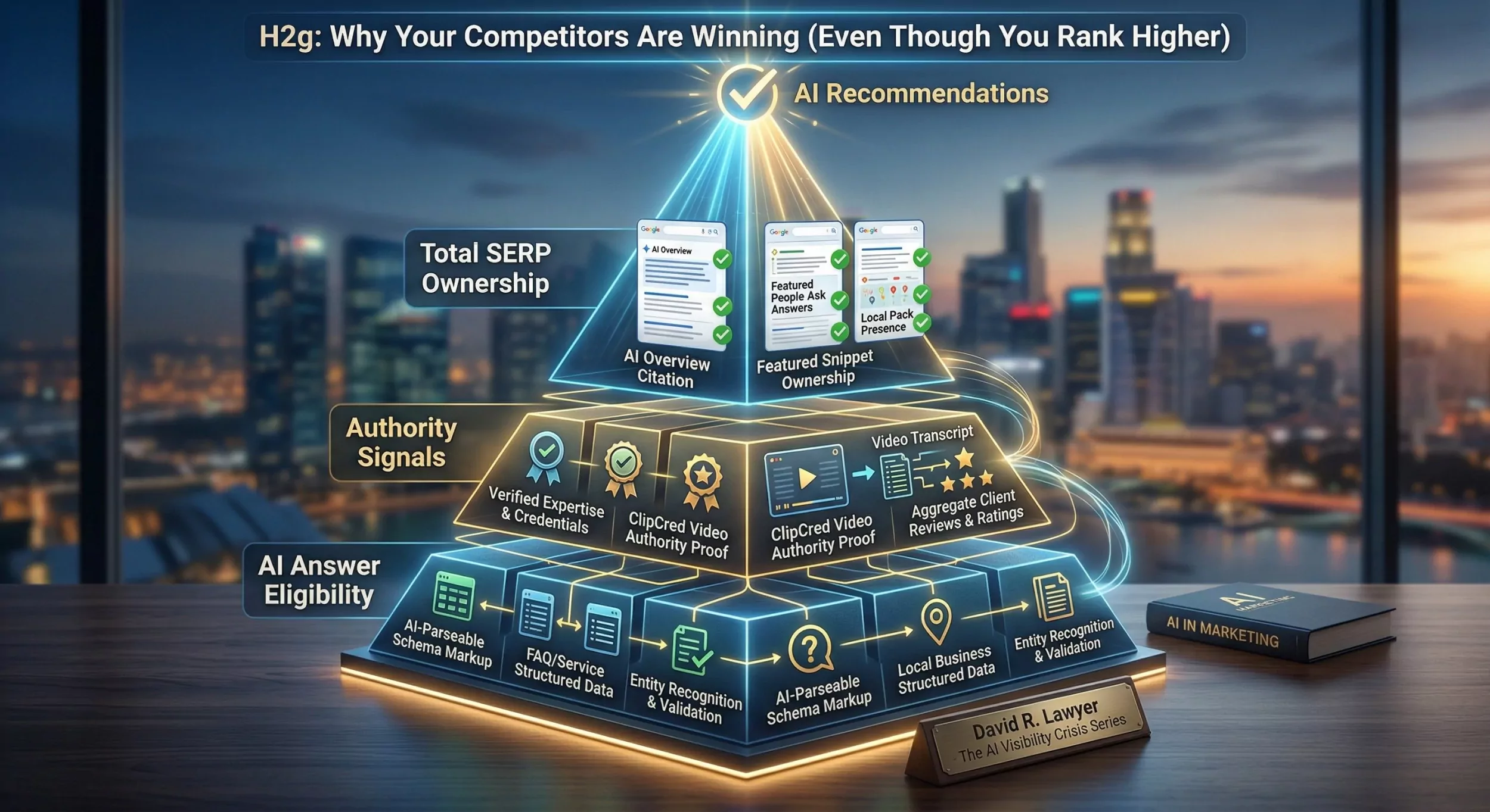 Three-tier pyramid showing AI visibility hierarchy with answer eligibility at base authority signals middle and total SERP ownership at top determining AI recommendations