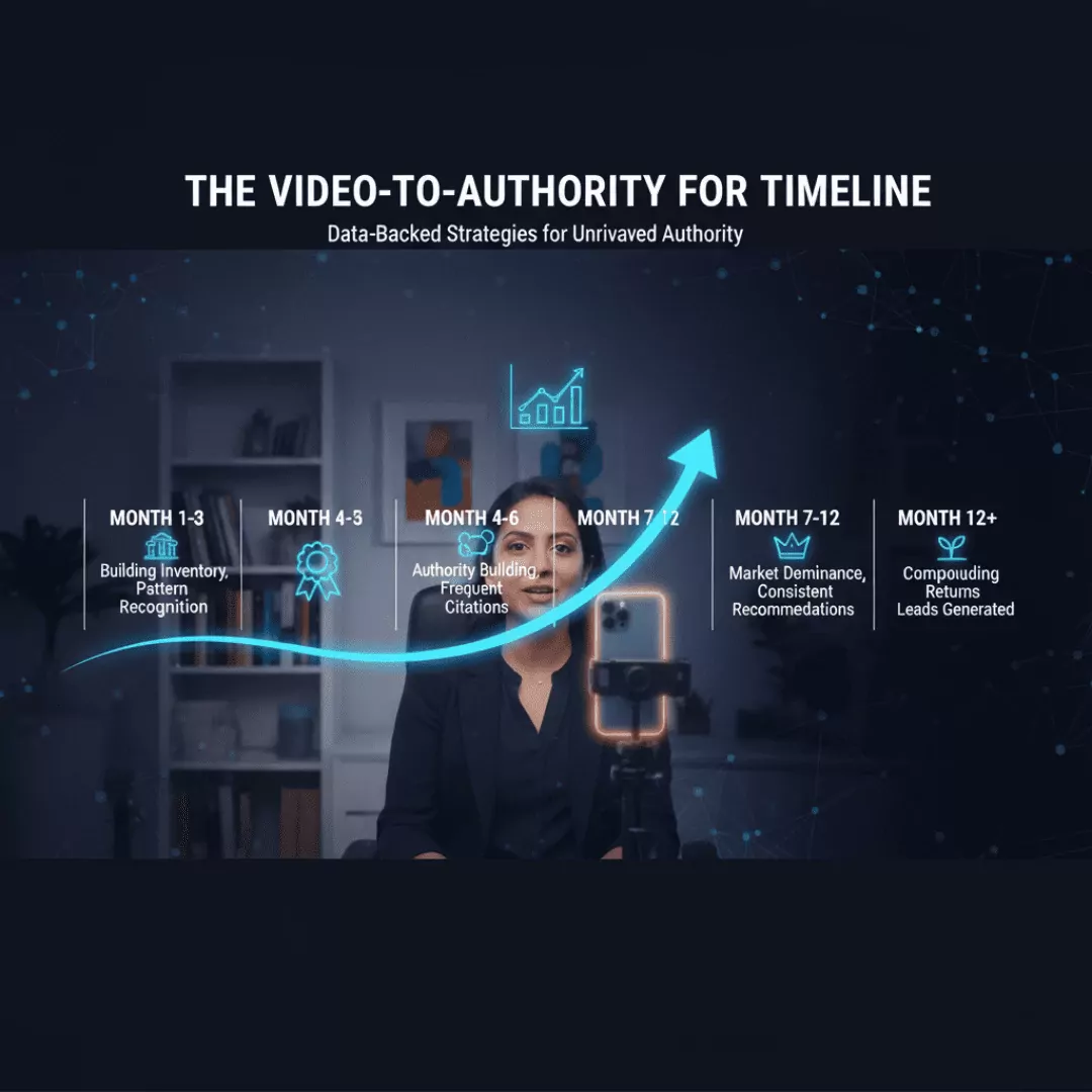 12-month timeline infographic showing video content consistency leading to AI authority recognition with milestones at months 3, 6, and 12 for professional visibility growth