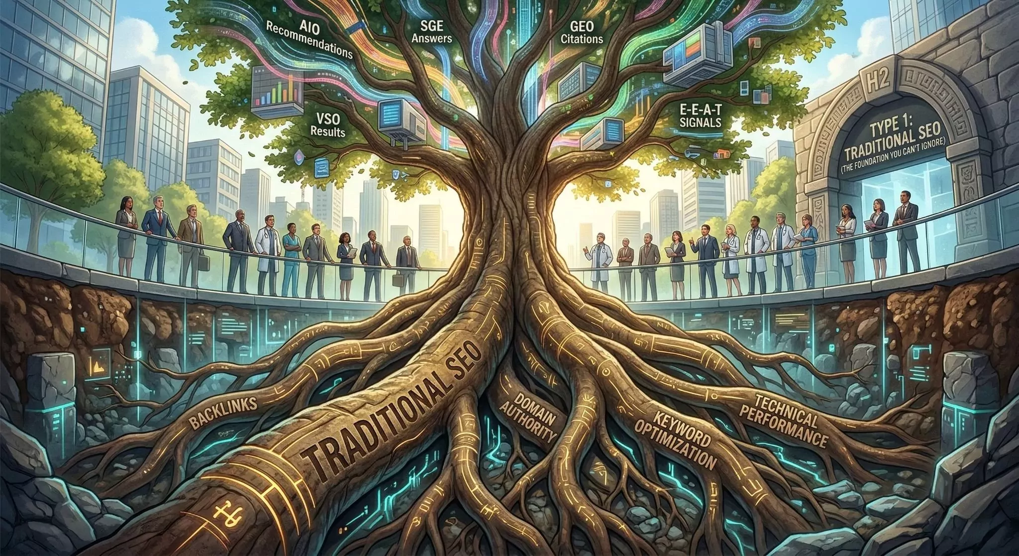 Infographic comparing traditional SEO capturing twelve percent search volume versus eight integrated AI search types capturing eighty-eight percent total visibility