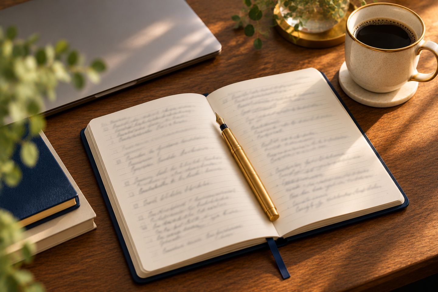 An open notebook and gold pen on a desk, writing your voice down so you can make AI write in your voice