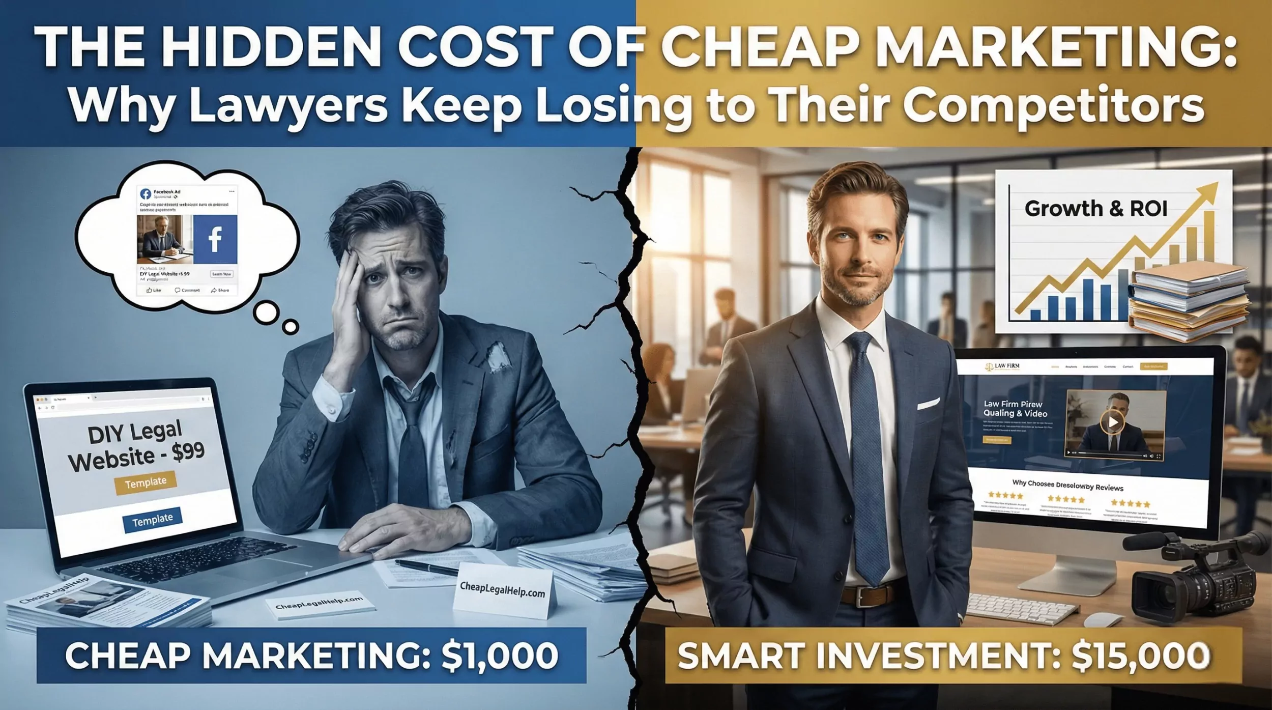 Lawyer comparing cheap marketing investment $1,300 with zero clients versus proper $25,000 marketing budget generating 60 new clients and $300,000 revenue for law firm