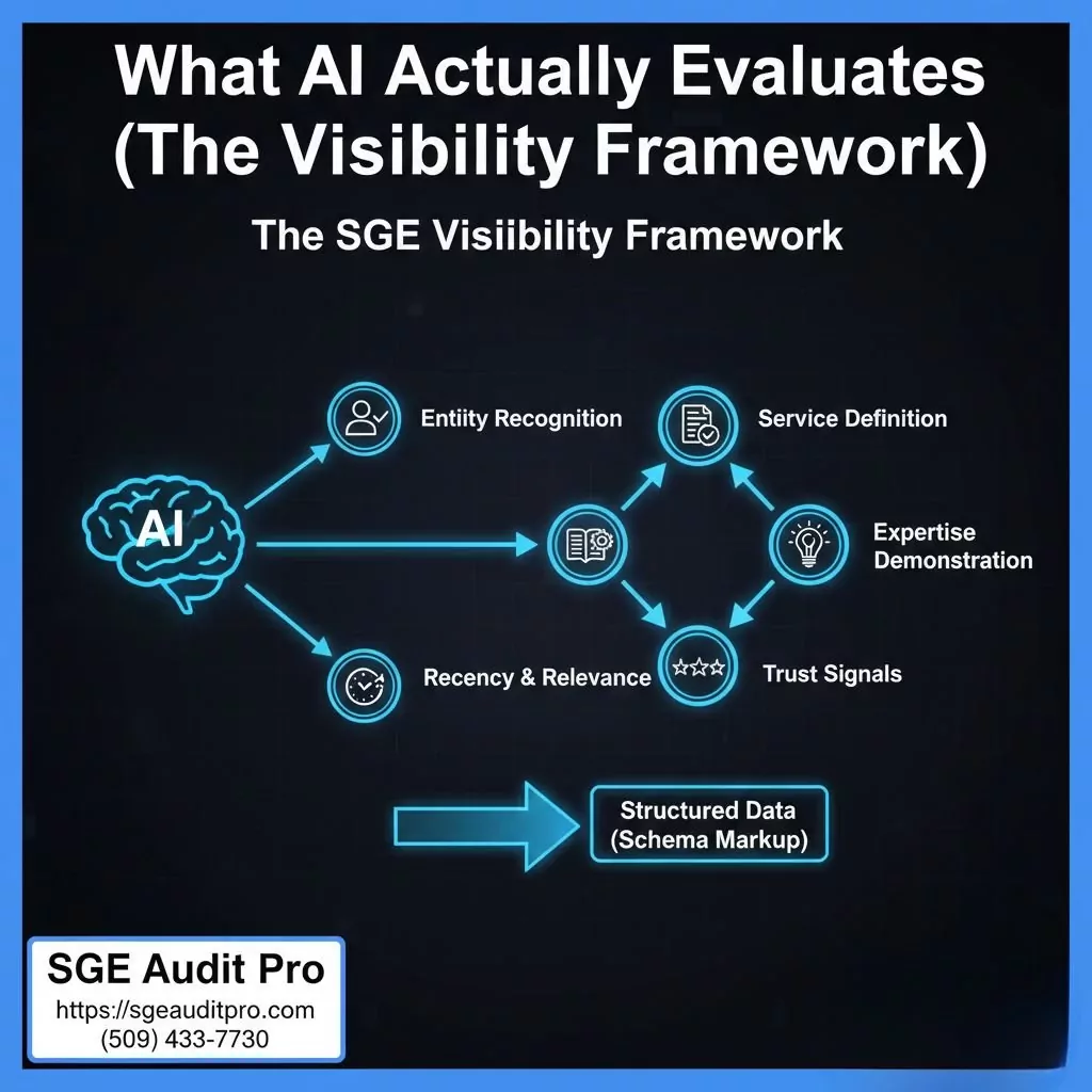 AI Visibility Framework diagram showing five factors Search Generative Experience evaluates entity recognition service definition expertise demonstration trust signals and recency relevance for business recommendations